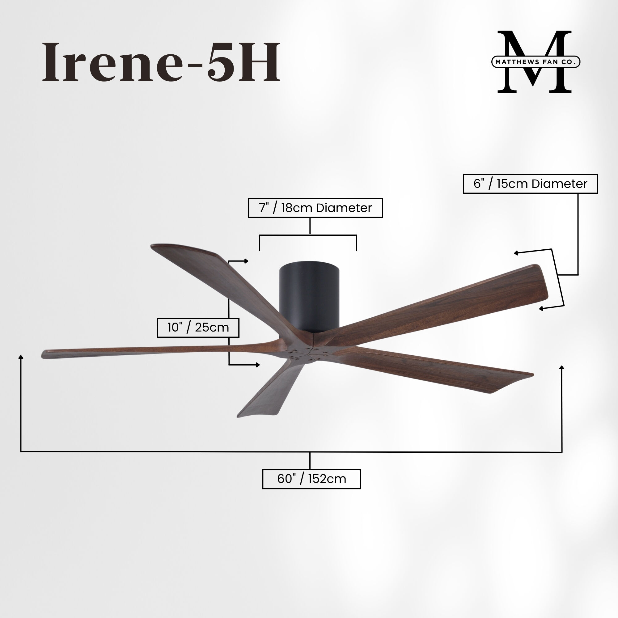 Atlas Irene-5H 60 inch Matte Black with Walnut Tone Blades Flush Mount Paddle Fan, Flush Mounted