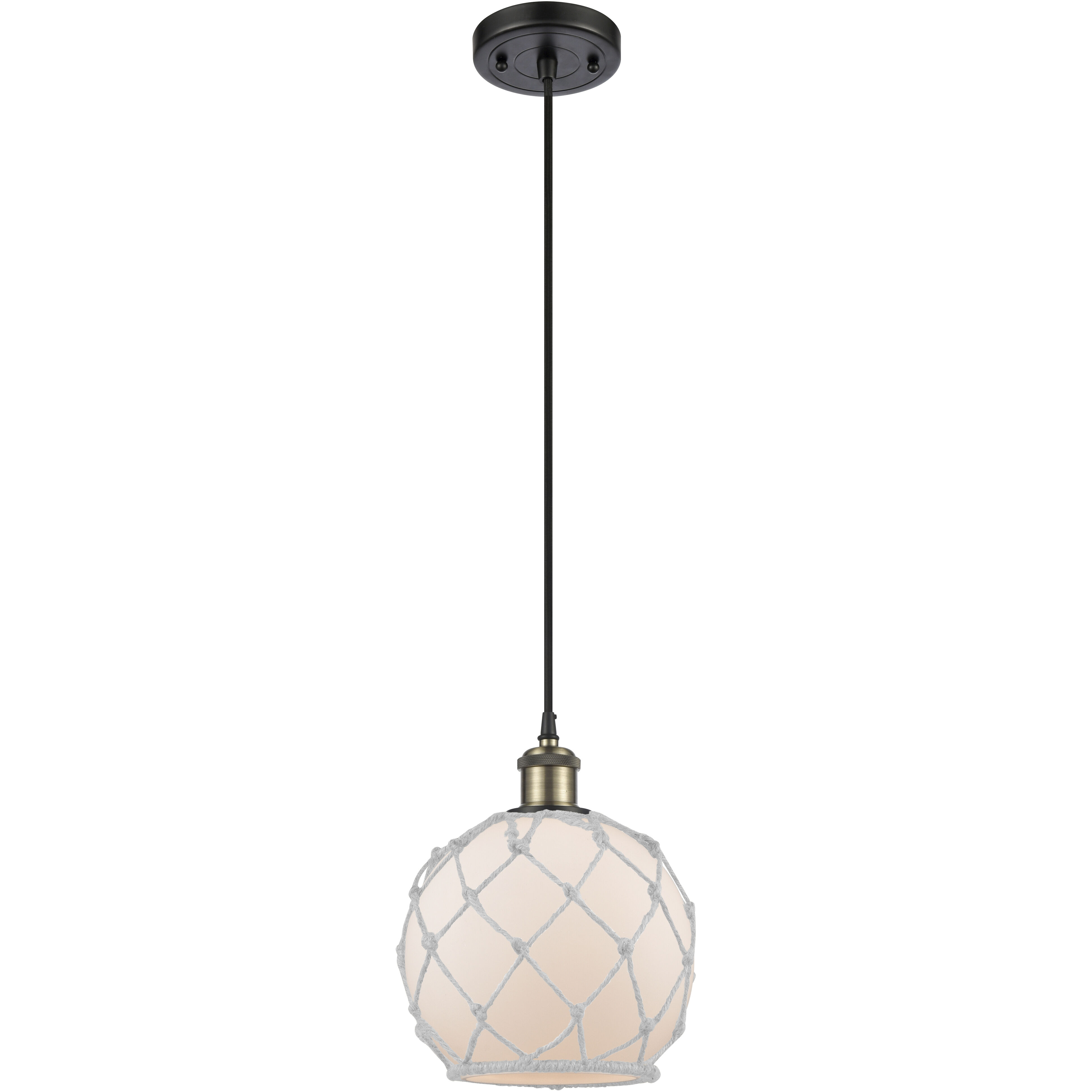 Ballston Farmhouse Rope 1 Light 8 inch Black Antique Brass Mini Pendant Ceiling Light in Bulb Not Included, White Glass with White Rope, Ballston