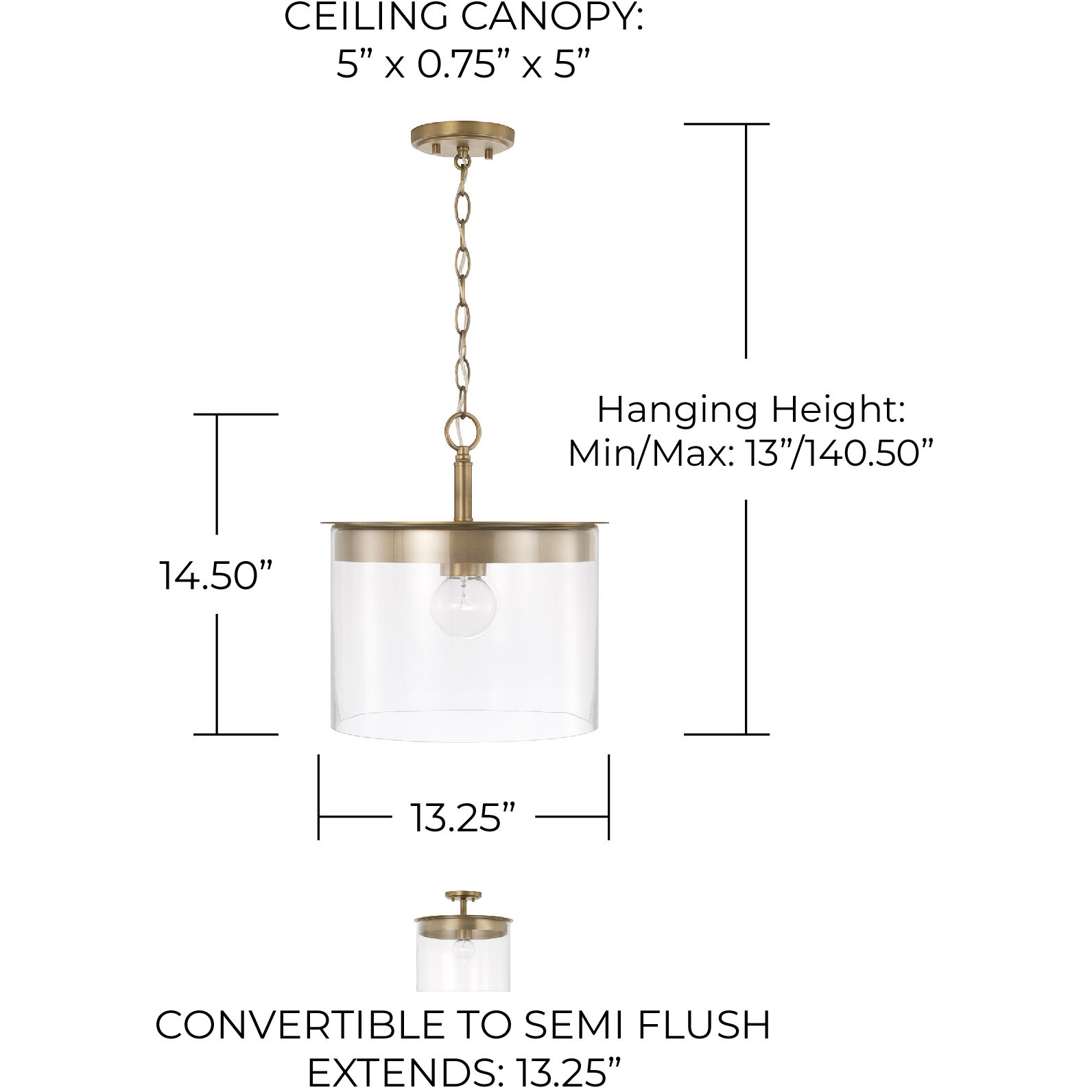 Mason 1 Light 13.25 inch Aged Brass Semi-Flush Mount Ceiling Light, Convertible Dual Mount