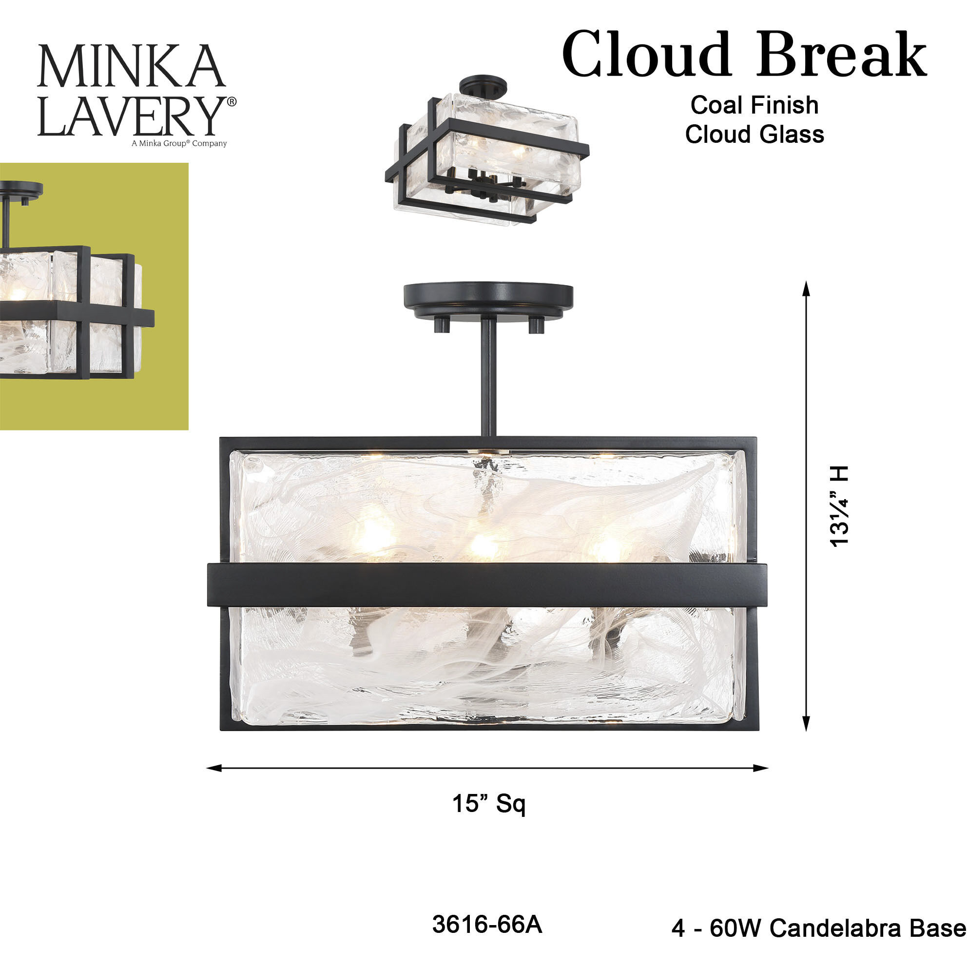 Cloud Break 4 Light 15 inch Coal Semi Flush Ceiling Light