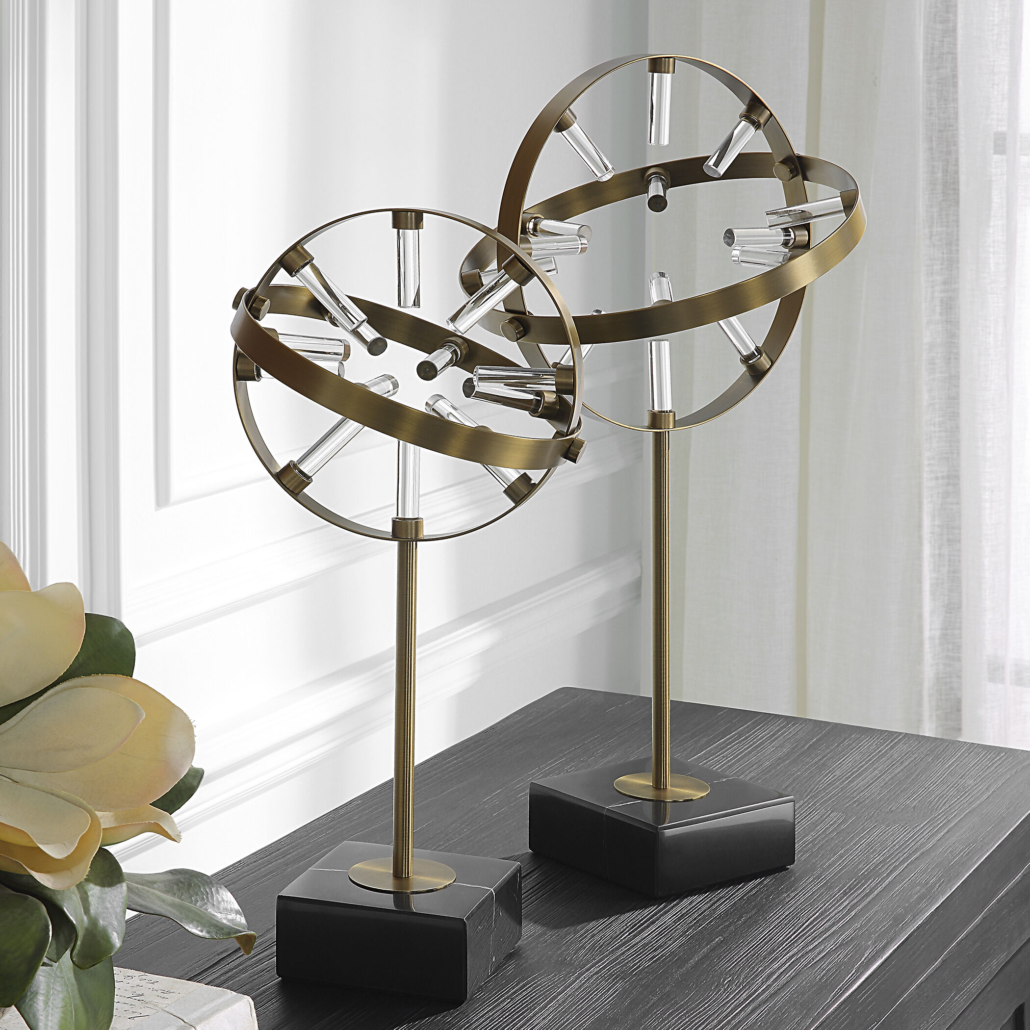 Realm Plated Brass with Crystal and Black Marble Spherical Sculptures, Set of 2