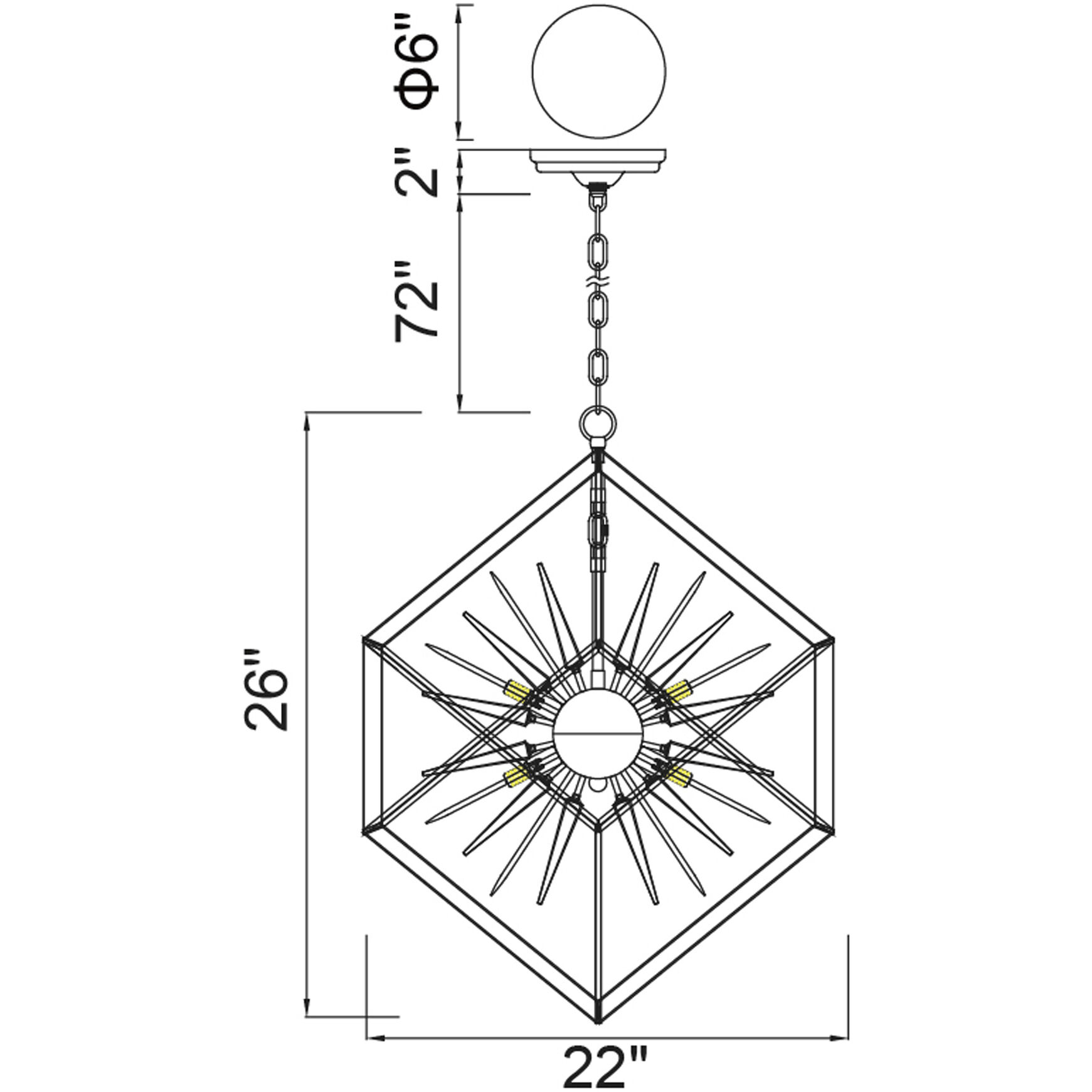 Starburst 6 Light 22 inch Chrome and Black Down Chandelier Ceiling Light