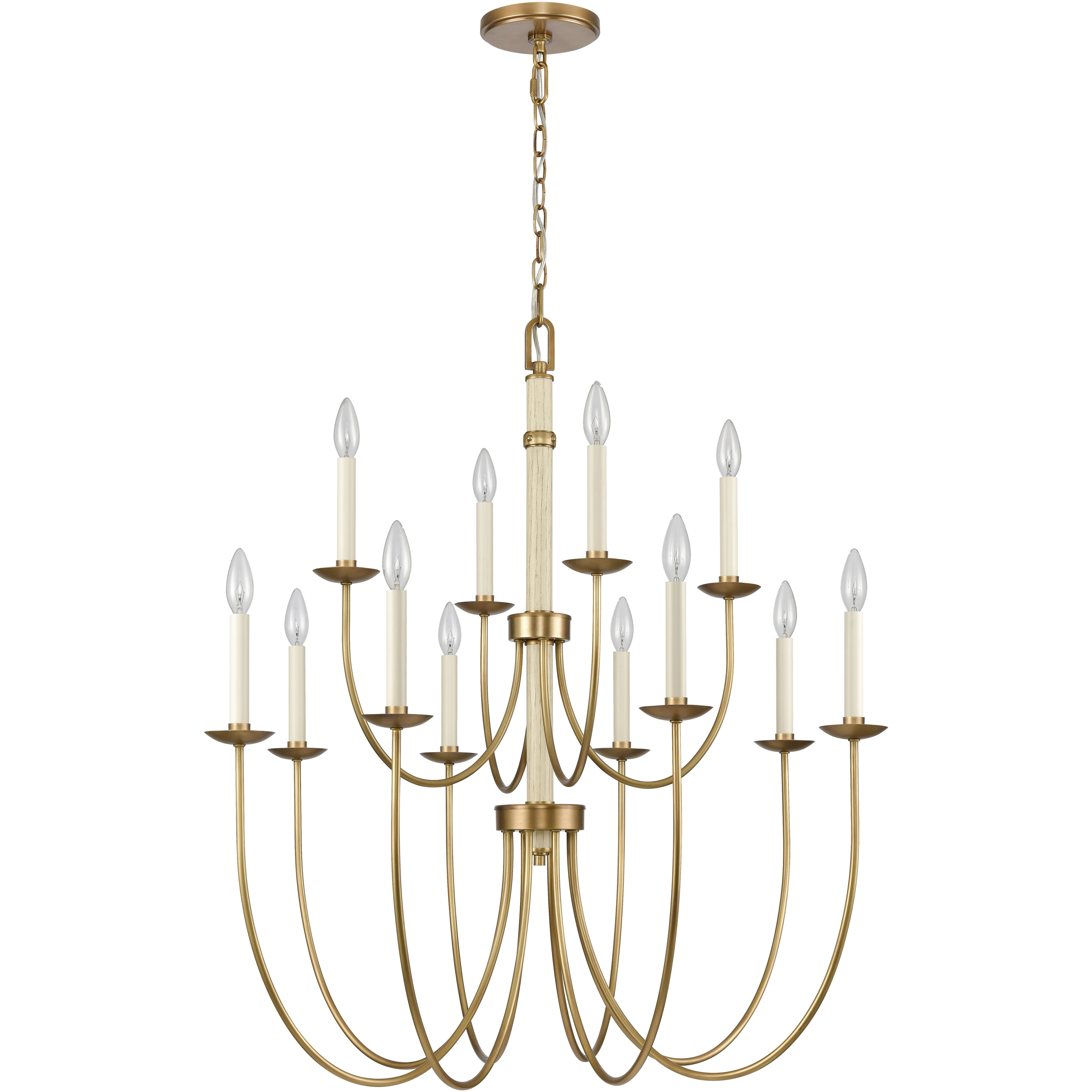 Neville 12 Light 34 inch Natural Brass with Bleached White Wood and Off White Chandelier Ceiling Light