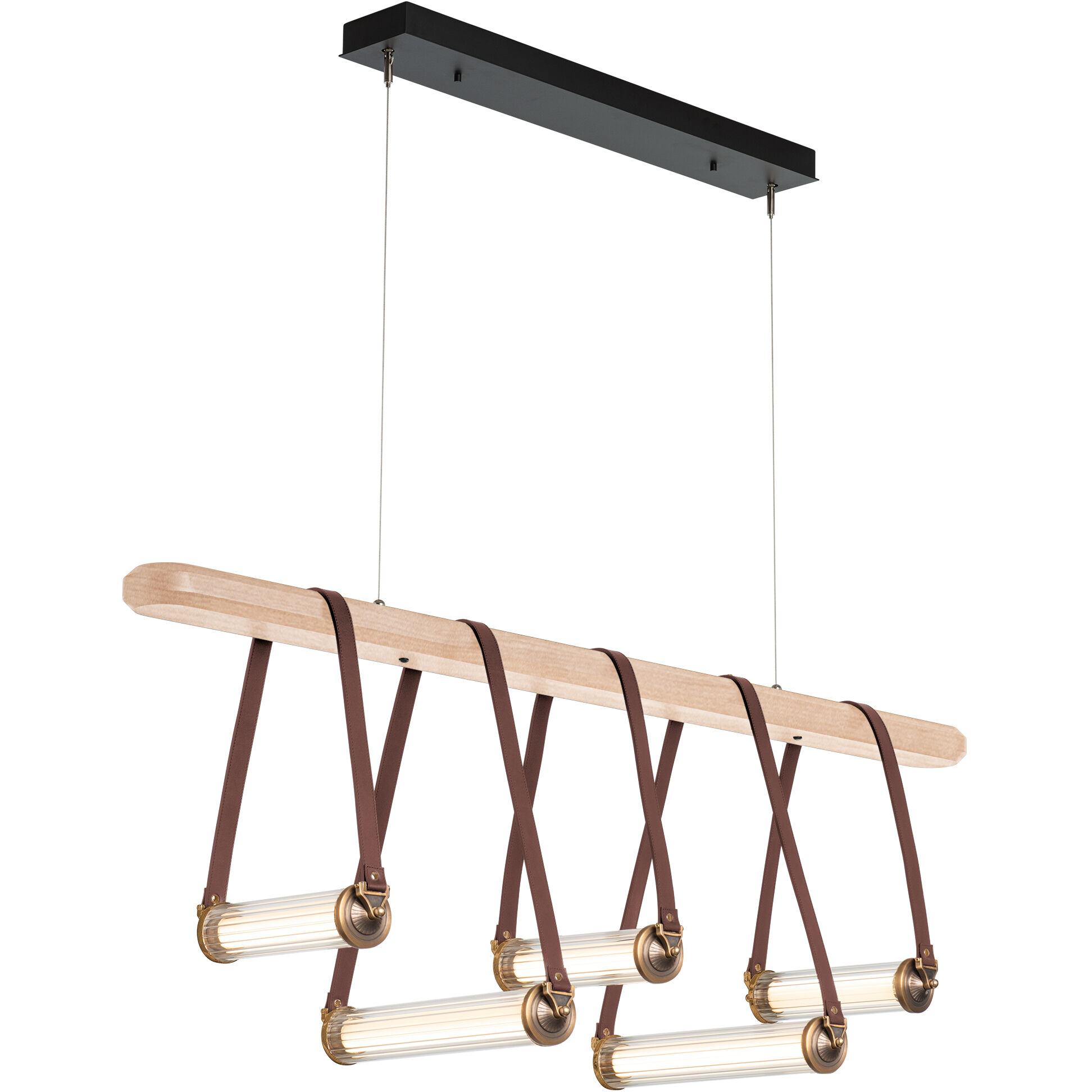 York LED 52 inch Black and Antique Brass Linear Pendant Ceiling Light in Black/Antique Brass, British Brown Leather with Maple Natural