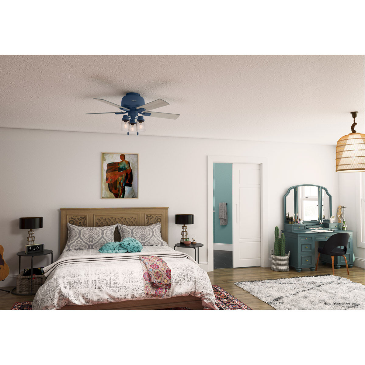 Hartland 44 inch Indigo Blue with Light Gray Oak Blades Ceiling Fan