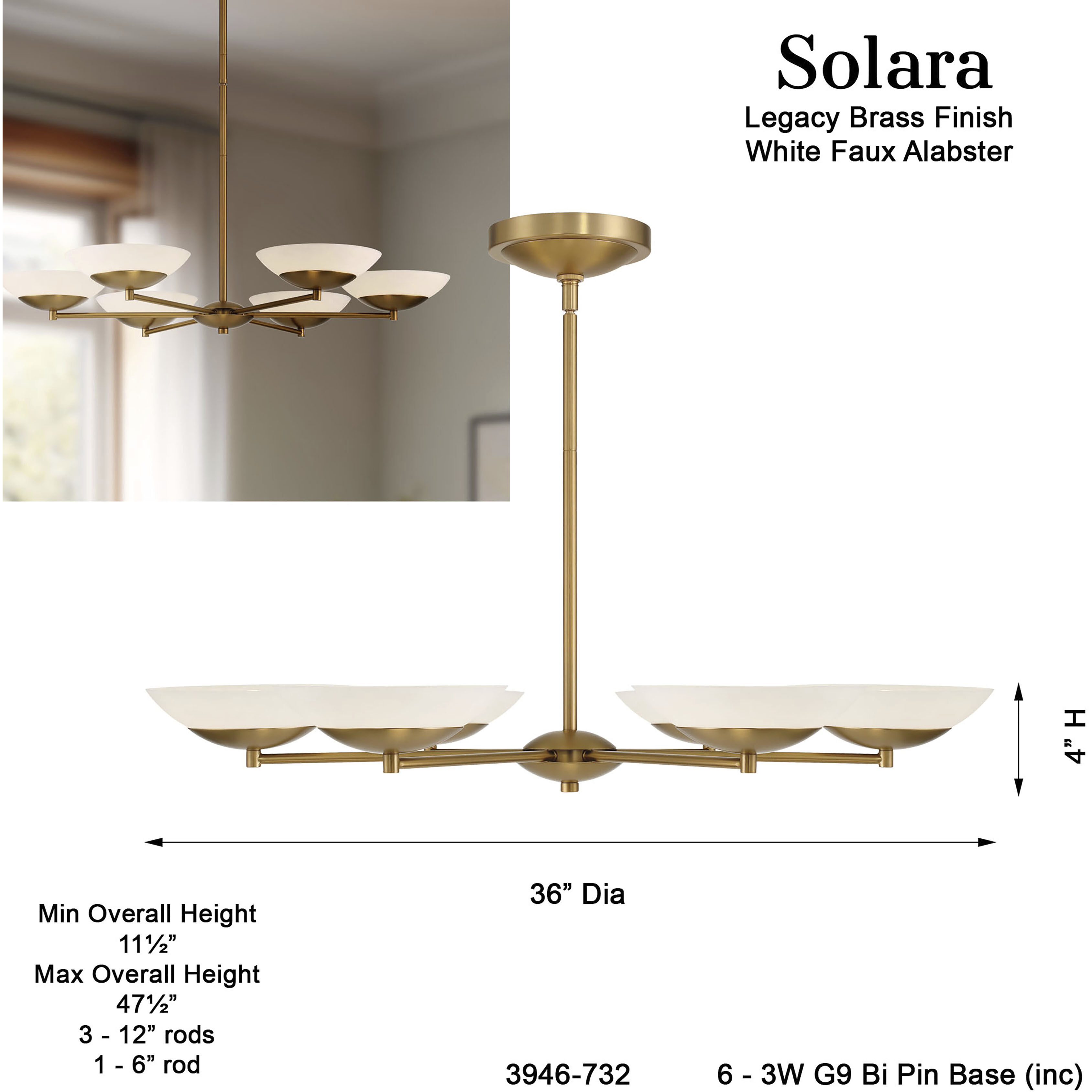 Solara LED 36 inch Legacy Brass Chandelier Ceiling Light