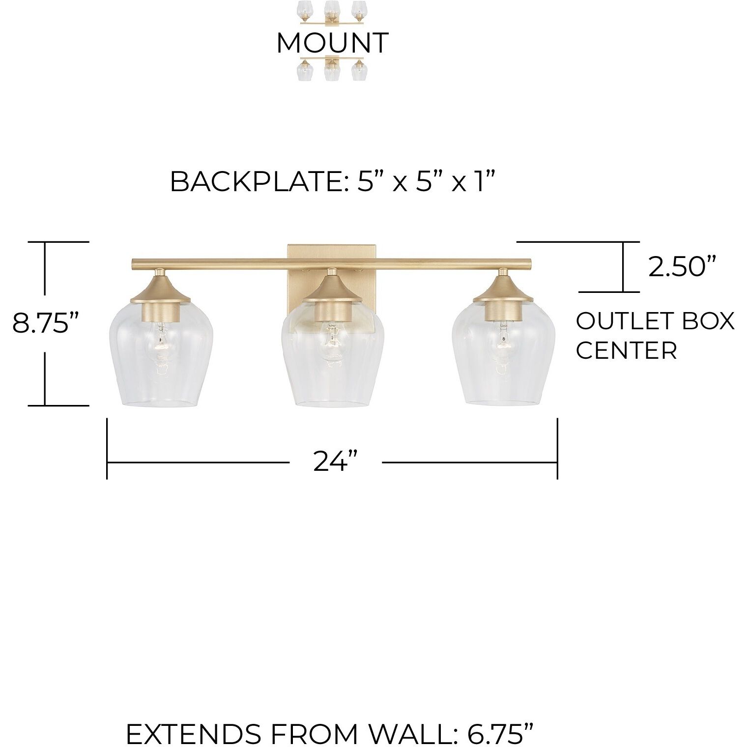 Elijah 3 Light 24 inch Soft Gold Vanity Light Wall Light