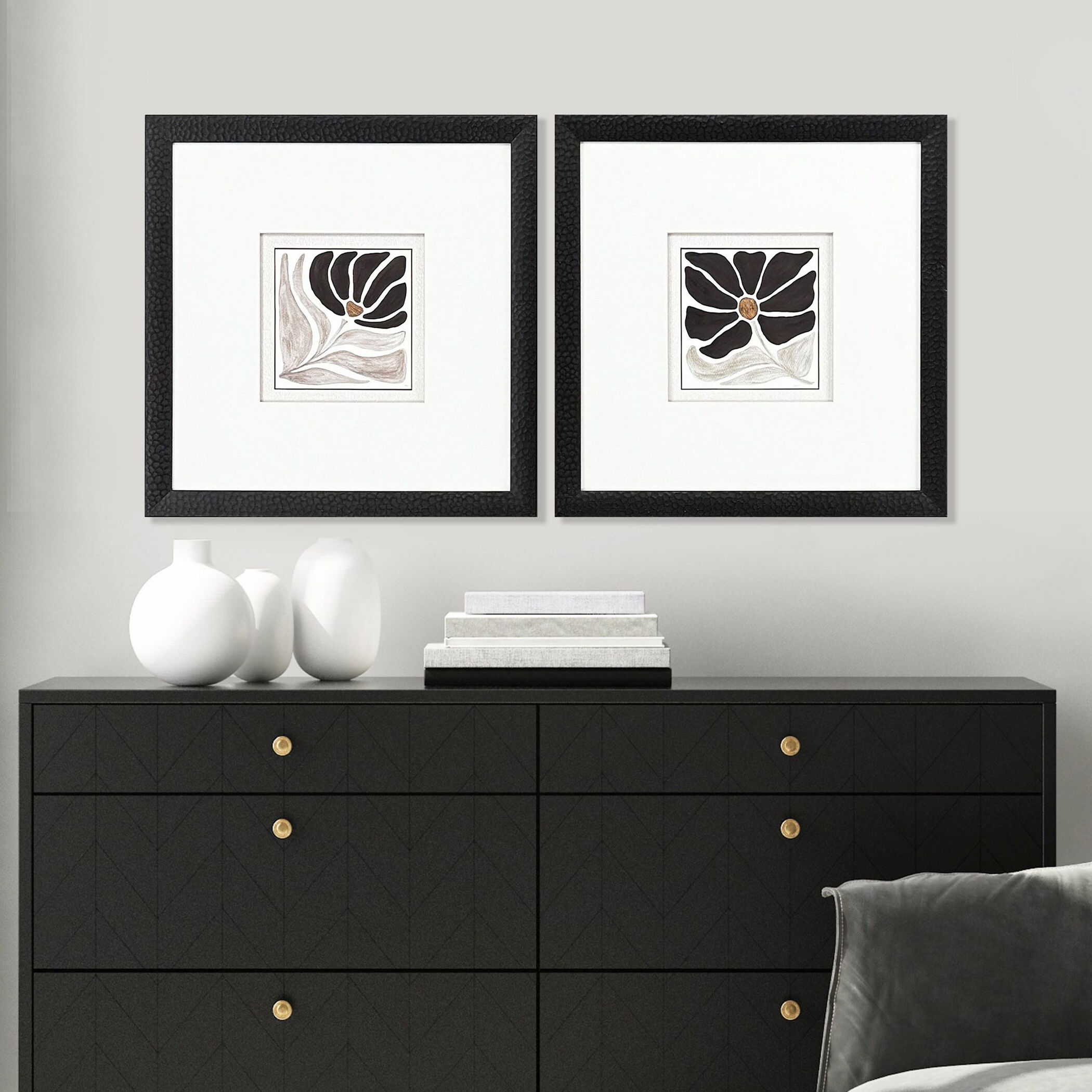 Modern Petals Black and Beige and Brown and Metallic Framed Art