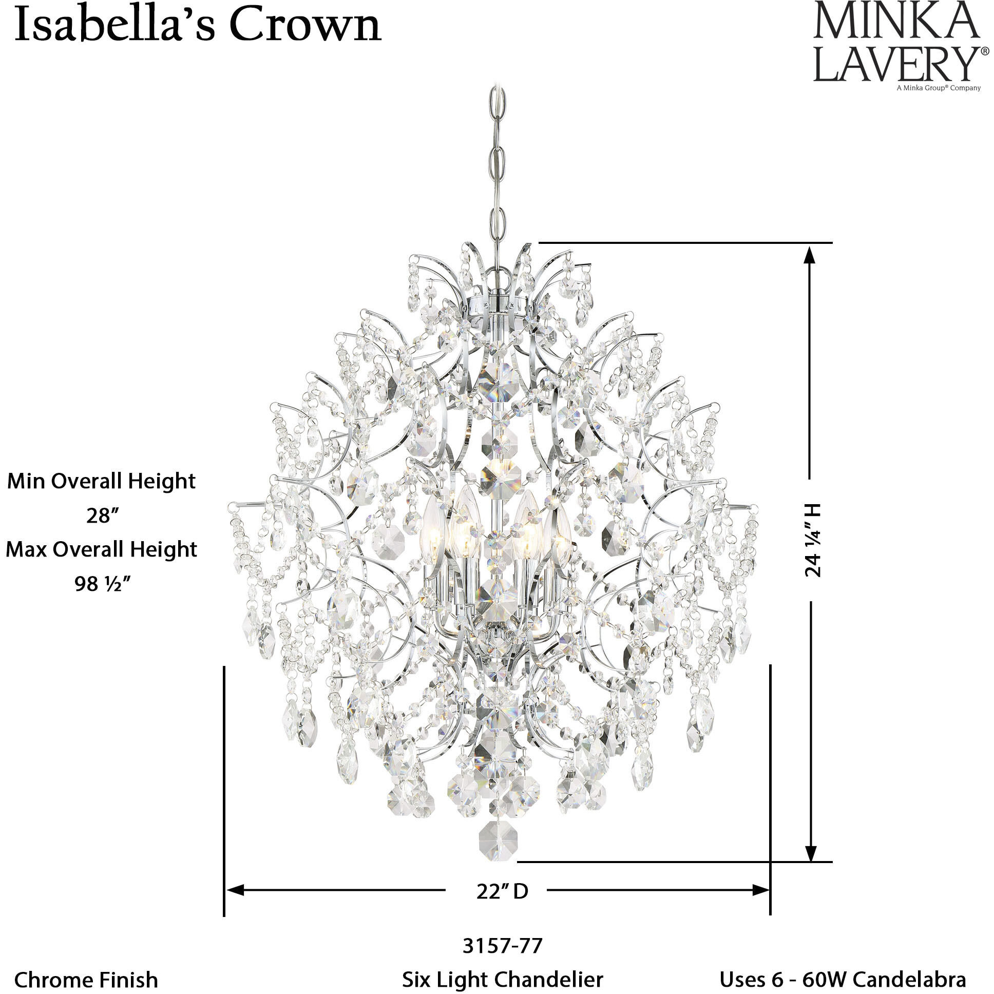 Isabella's Crown 6 Light 22 inch Chrome Chandelier Ceiling Light