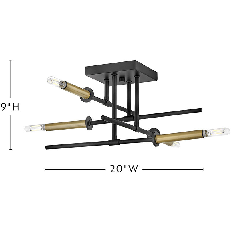 Hux 4 Light 20 inch Black with Lacquered Brass Semi-flush Mount Ceiling Light