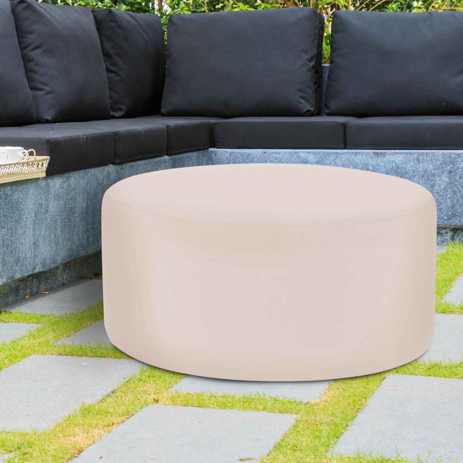 Universal 18 inch Seascape Sand Outdoor Round Ottoman with Slipcover