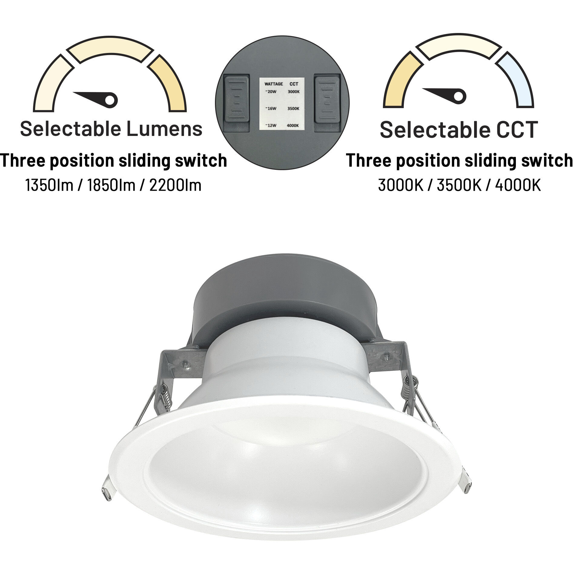 Quartz Matte Powder White Recessed LED Downlight, Selectable Lumens, Selectable CCT