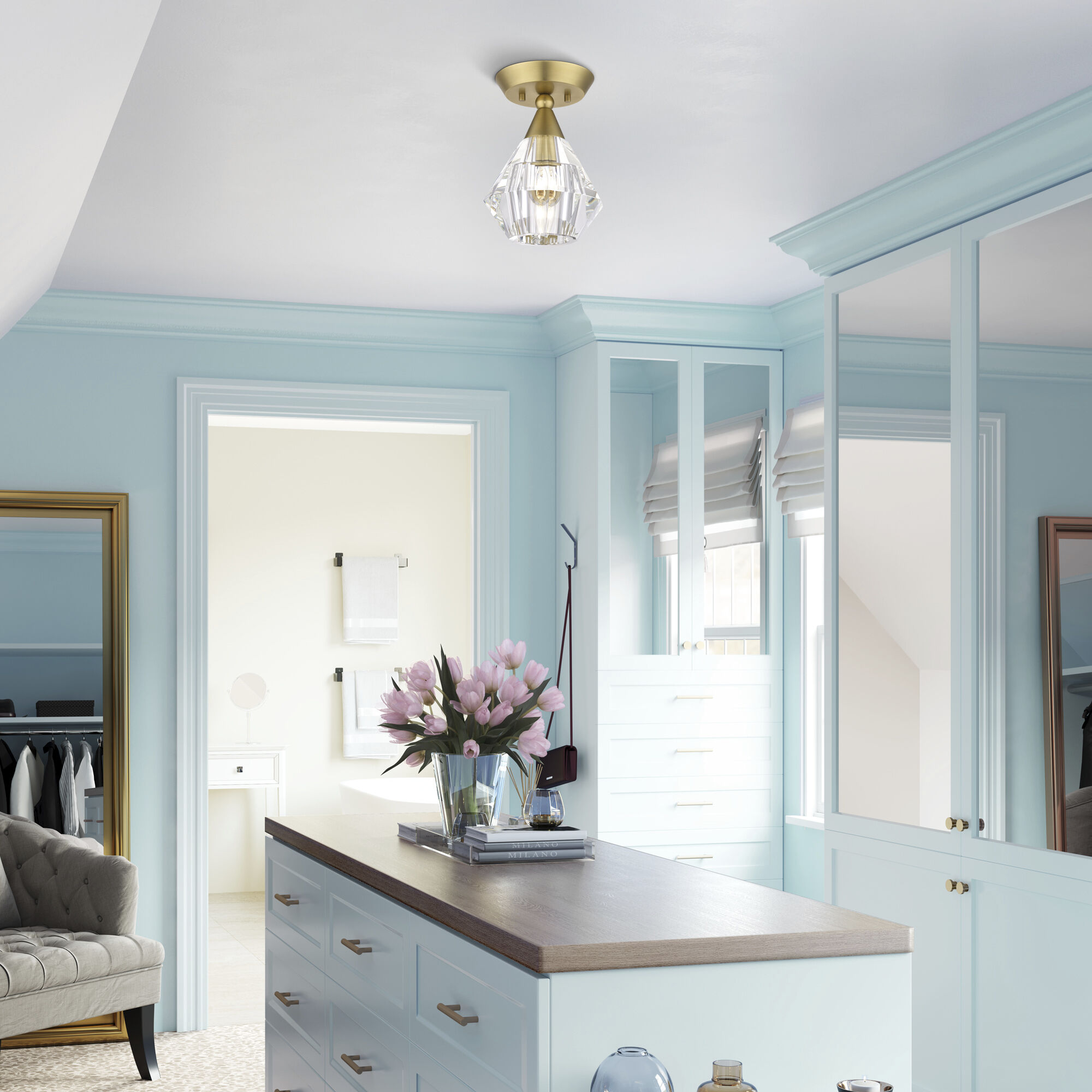 Brussels 1 Light 7 inch Natural Brass Crystal Semi-Flush Ceiling Light