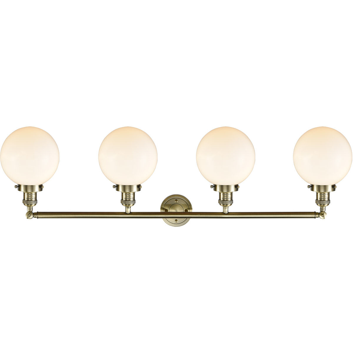 Franklin Restoration Large Beacon 4 Light 44 inch Antique Brass Bath Vanity Light Wall Light in Incandescent, Matte White Glass, Franklin Restoration