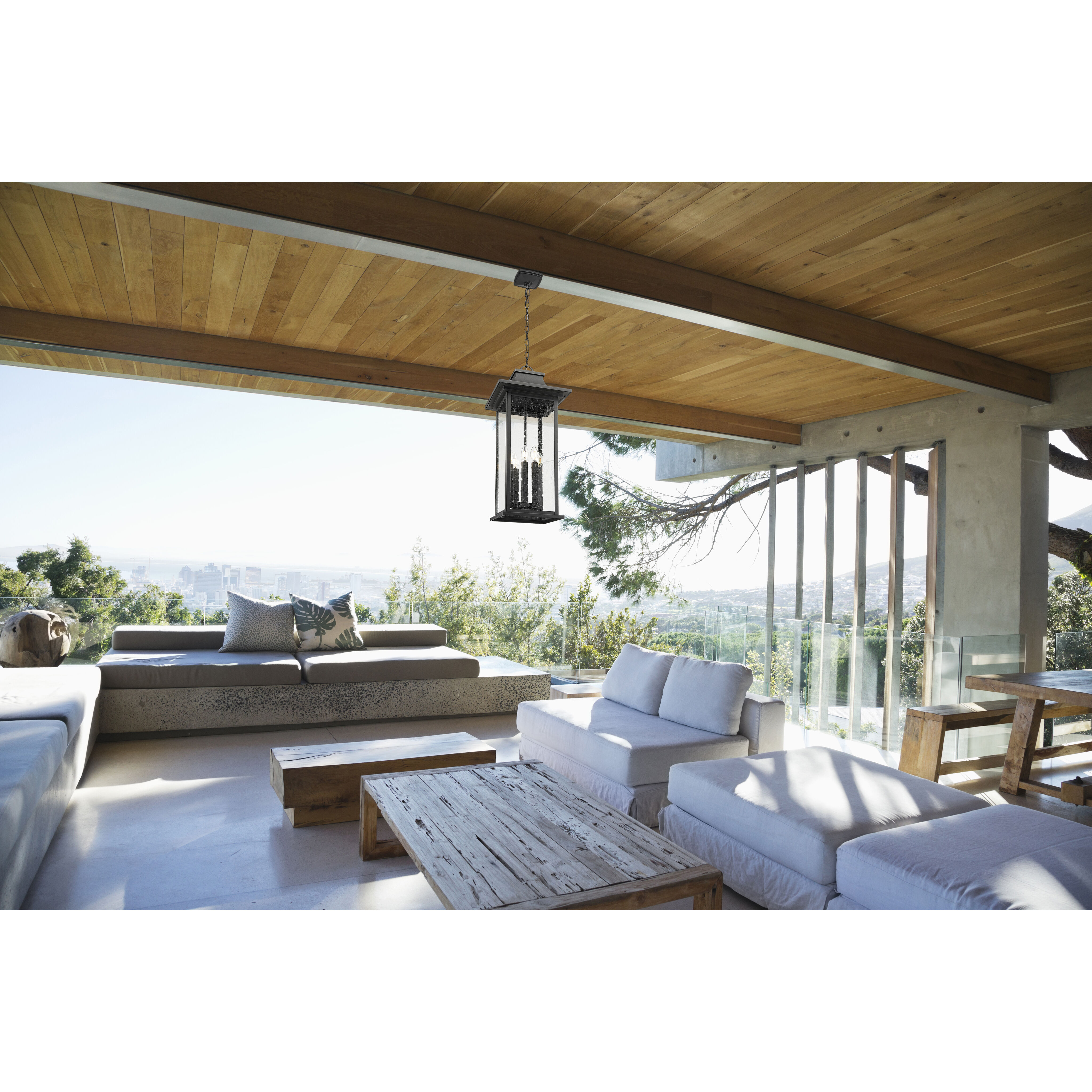 Tiberius 6 Light 12 inch Black Outdoor Chain Mount Ceiling Fixture in Clear Seedy Glass