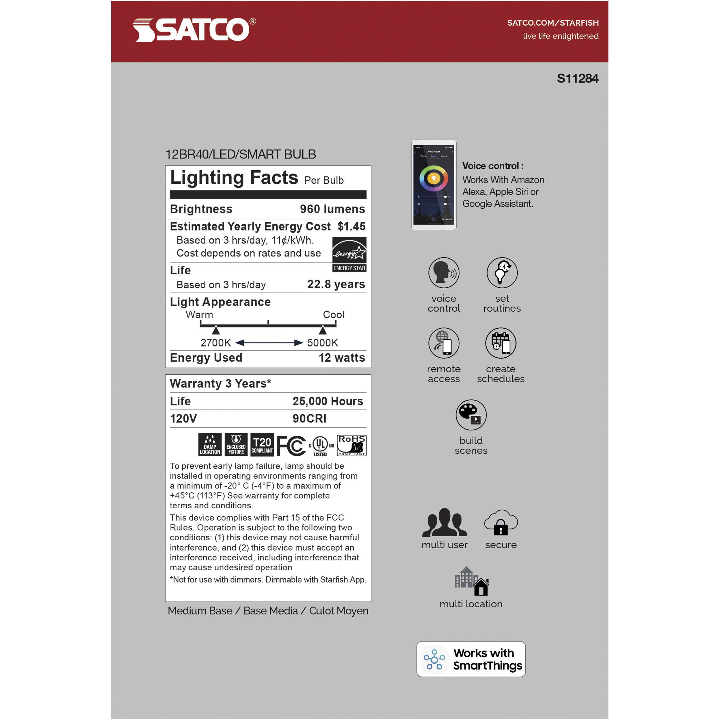 Starfish IOT LED BR40 E26 12.00 watt 120V 2700K-5000K Bulb
