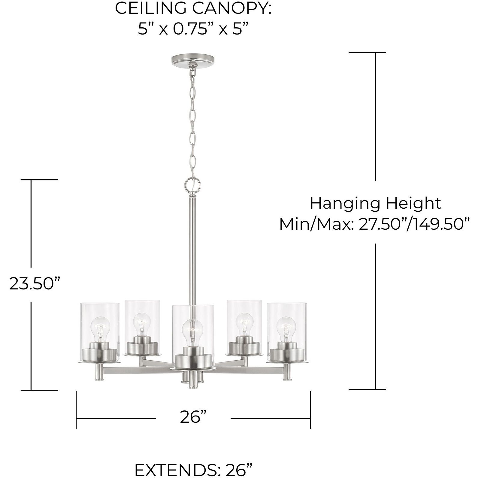 Mason 5 Light 26 inch Brushed Nickel Chandelier Ceiling Light