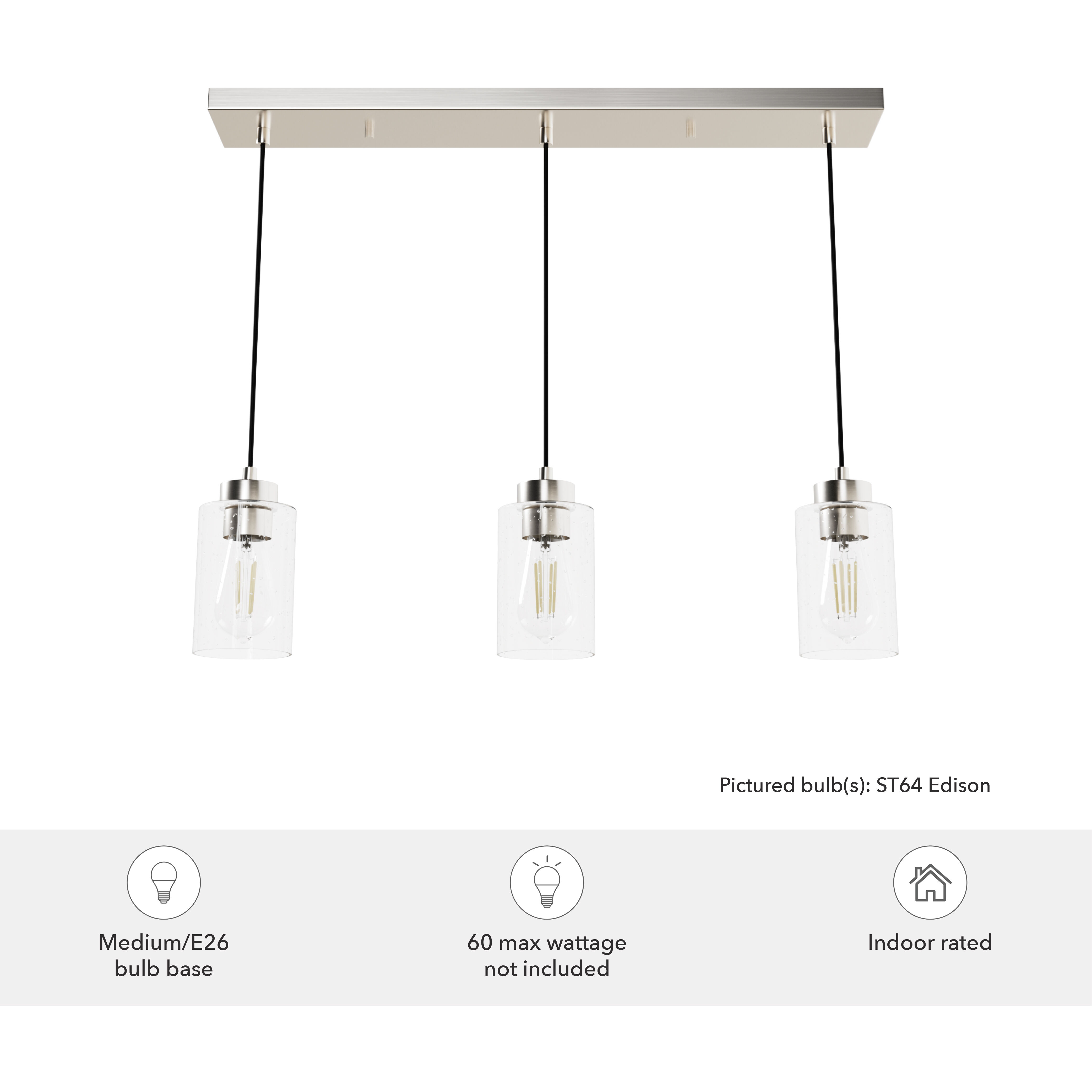 Hartland 3 Light 4.5 inch Brushed Nickel Linear Cluster Pendant Ceiling Light, Medium