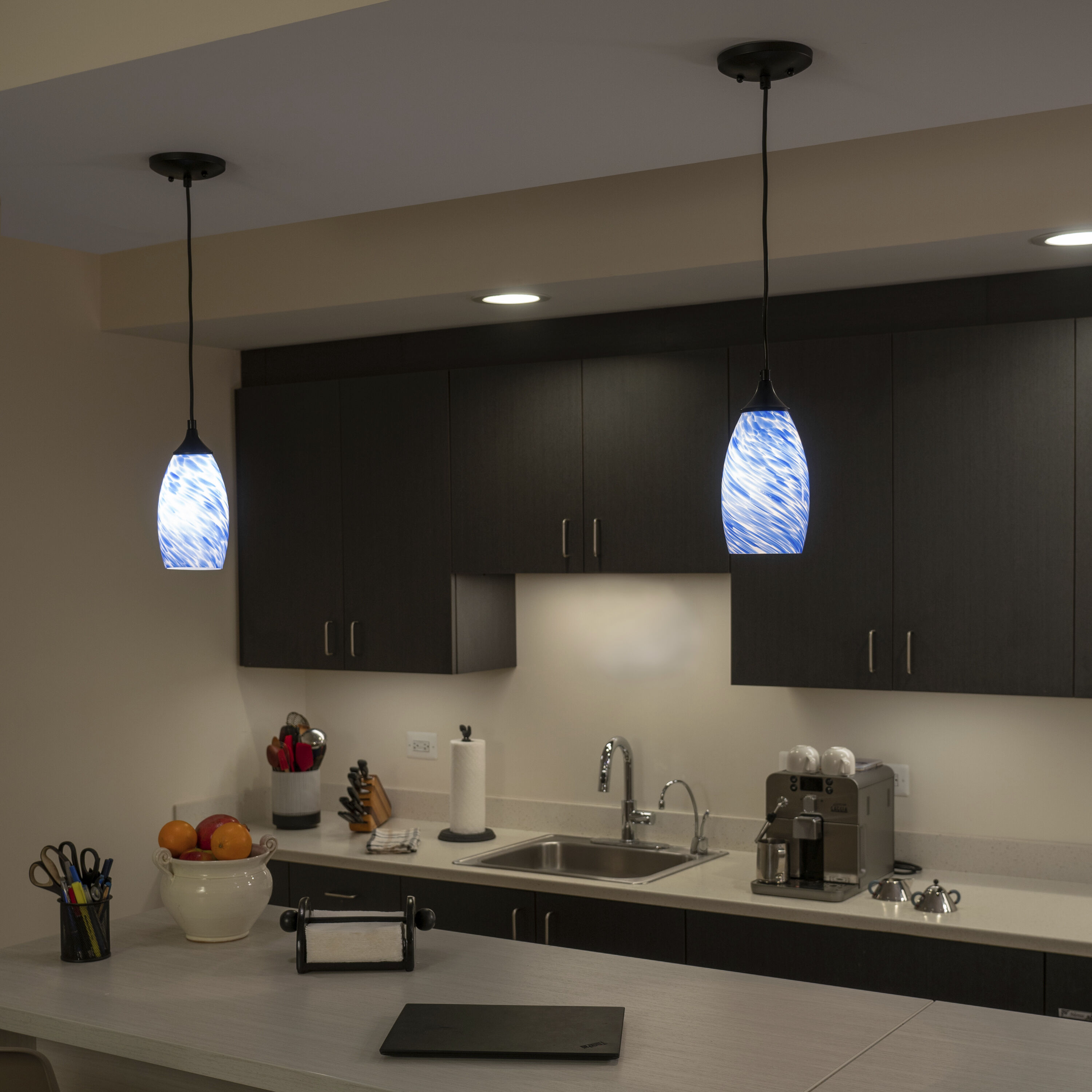 Milano LED 4.75 inch Matte Black Mini Pendant Ceiling Light in Azurra Glass