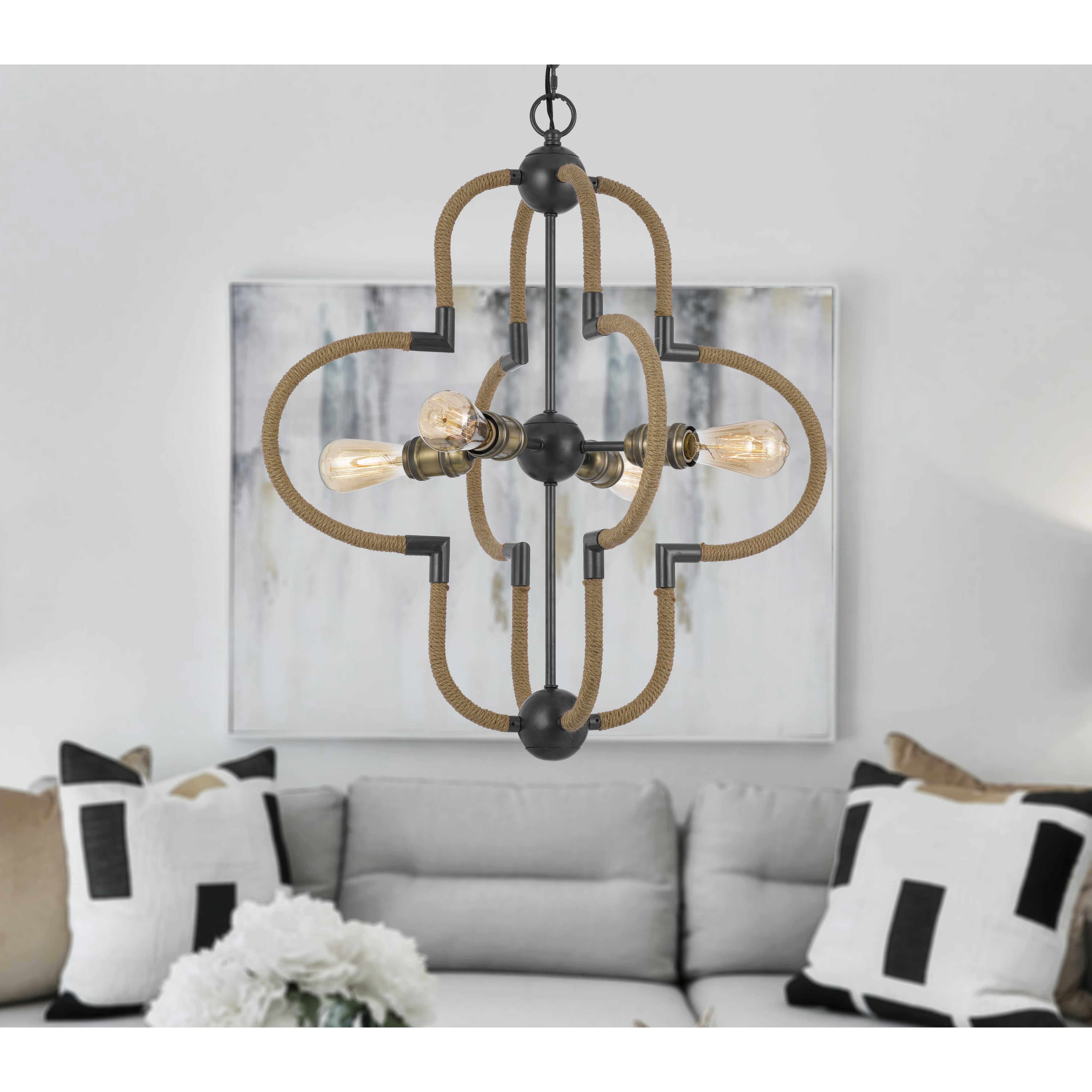 Tahoka 4 Light 25 inch Burlap and Black Iron and Antique Brass Chandelier Ceiling Light