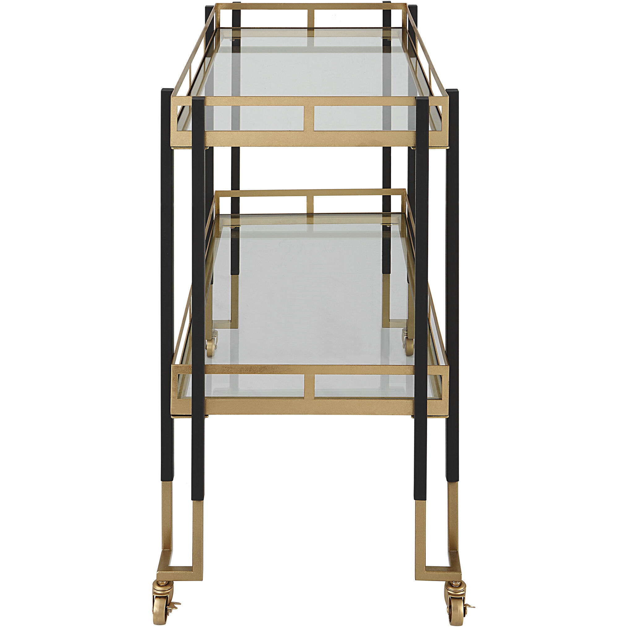Kentmore Matte Black and Brushed Gold with Clear Glass Bar Cart