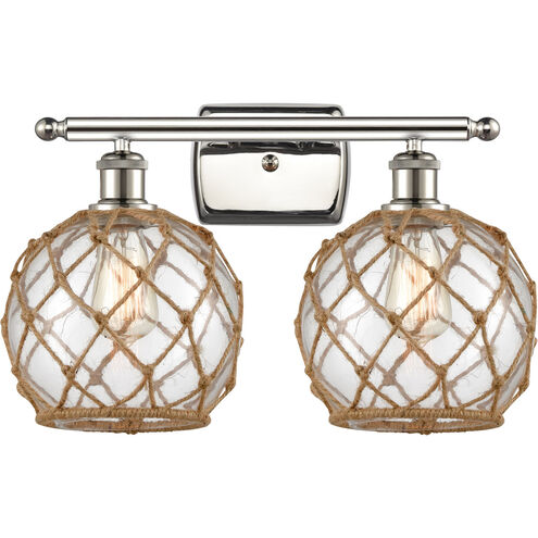 Ballston Farmhouse Rope 2 Light 16 inch Polished Nickel Bath Vanity Light Wall Light in Clear Glass with Brown Rope, Ballston