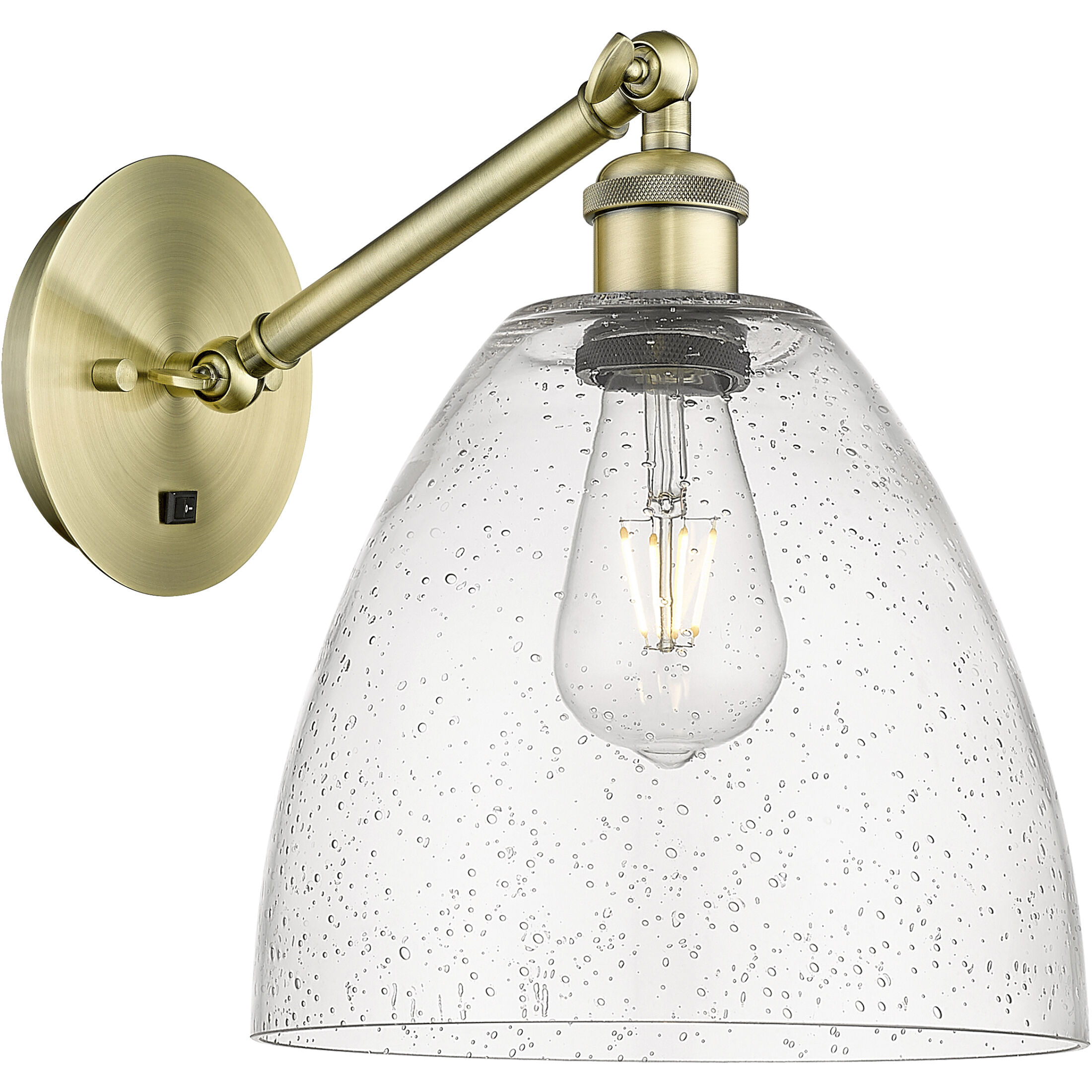 Ballston Bristol Armed Sconce Wall Light in Antique Brass, Seedy Glass