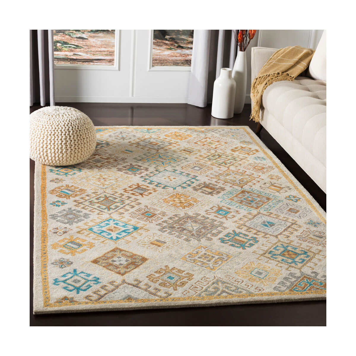 Tabriz 36 X 24 inch Teal/Khaki/Dark Brown/Wheat/Taupe/Medium Gray Rugs, Rectangle