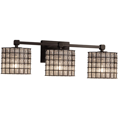Wire Glass 3 Light 22 inch Dark Bronze Vanity Light Wall Light in Grid with Clear Bubbles, Cylinder with Flat Rim, Incandescent