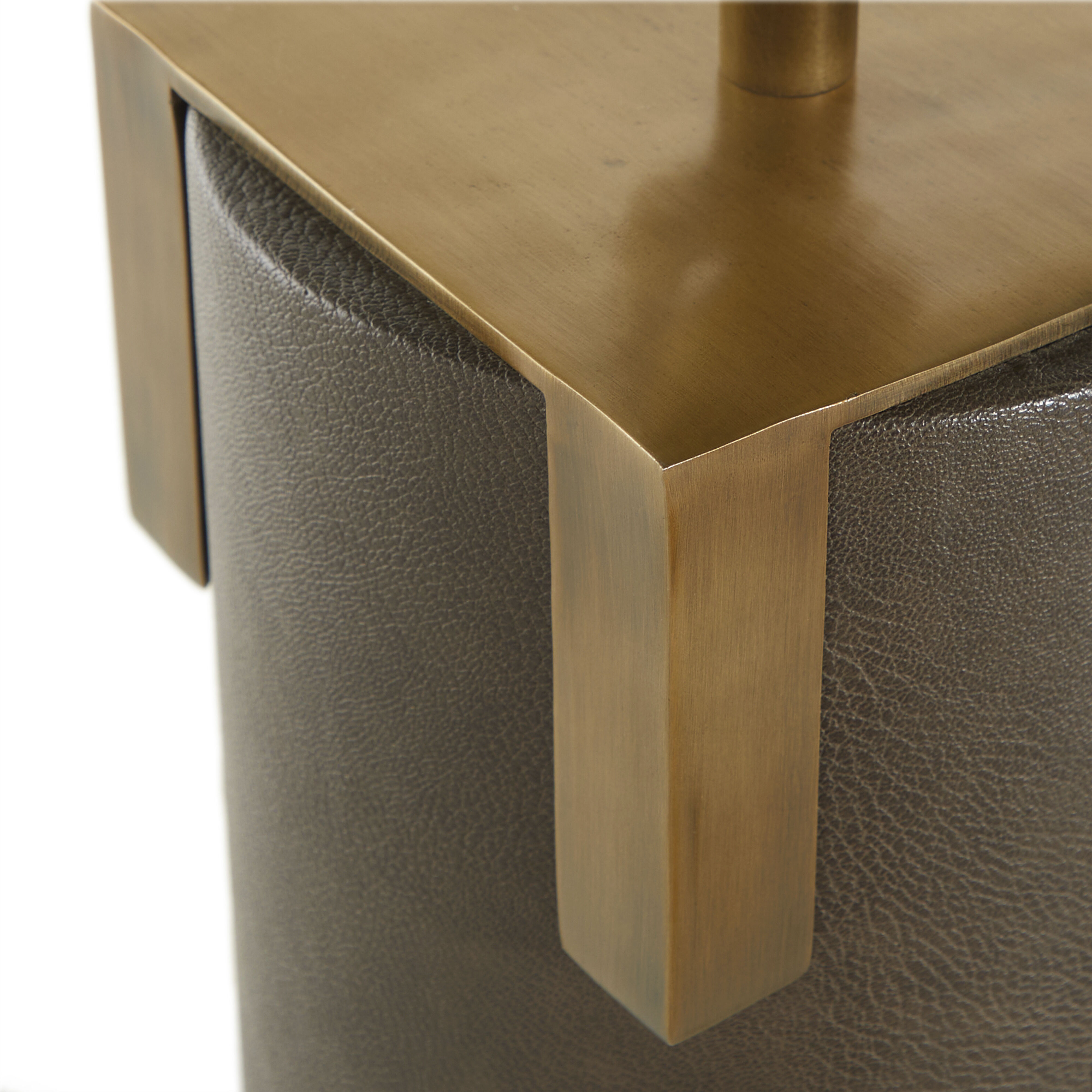 Bronx 29 inch Brushed Antique Brass and Dark Brown Leather with Beige Linen Table Lamp Portable Light