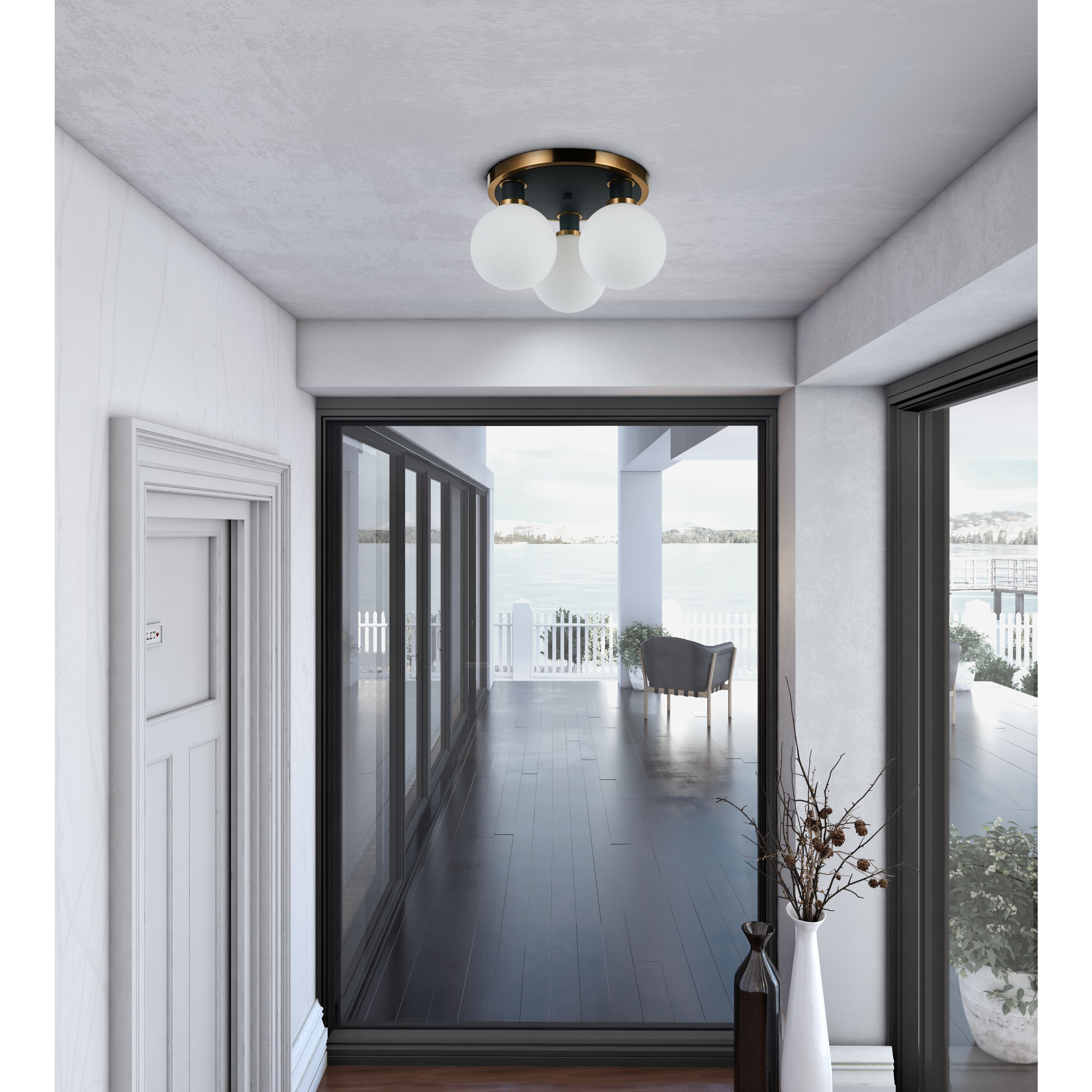 Gem LED 14.5 inch Black and Brushed Brass Semi-Flush Mount Ceiling Light in White