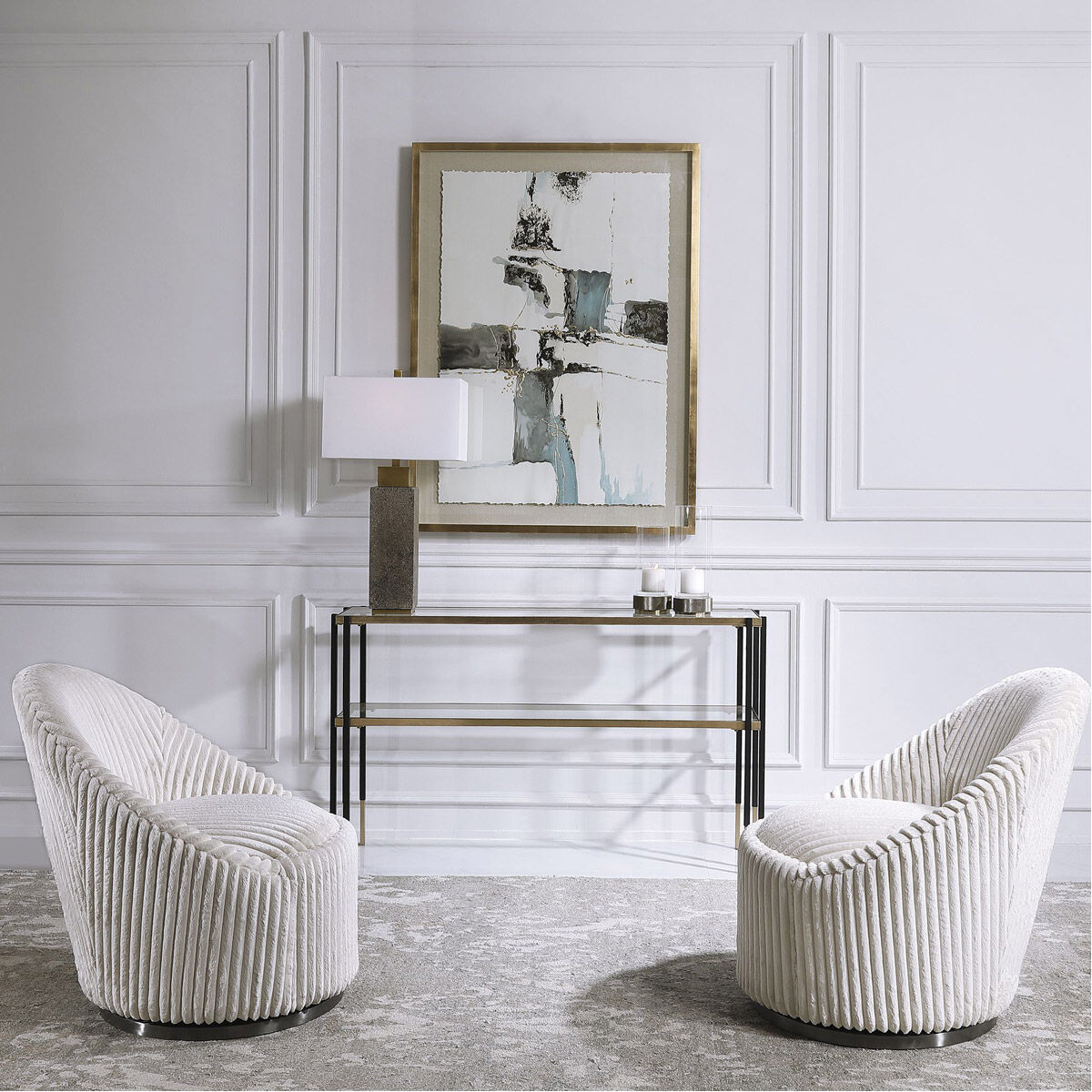 Crue Ivory Chenille Fabric and Brushed Black Nickel Swivel Chair