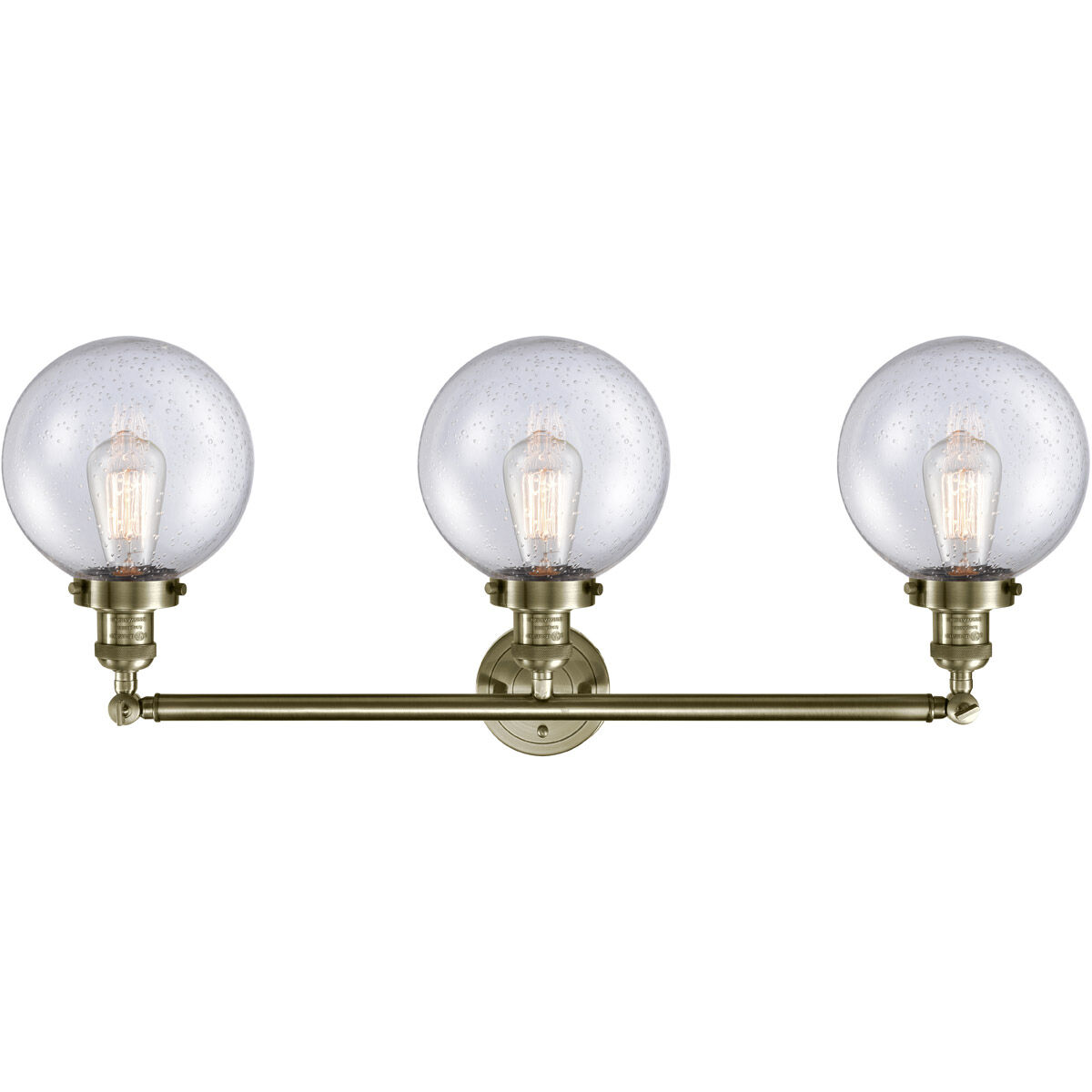 Franklin Restoration Large Beacon 3 Light 32 inch Antique Brass Bath Vanity Light Wall Light in Seedy Glass, Franklin Restoration