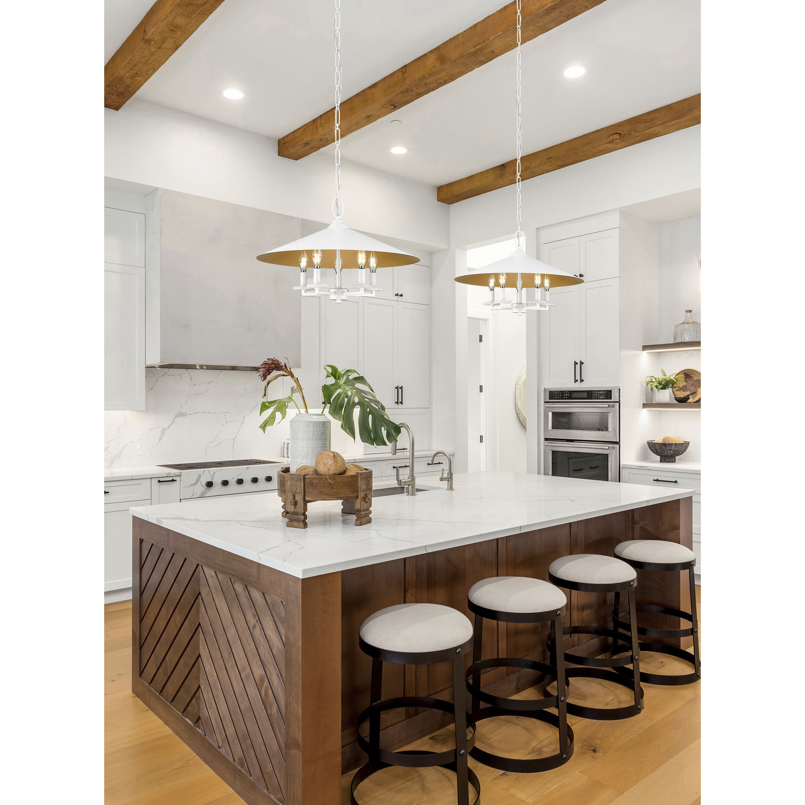 Rialto 5 Light 22 inch Matte White Pendant Ceiling Light in Matte White Outer,  Signature Rubbed Brass Inner