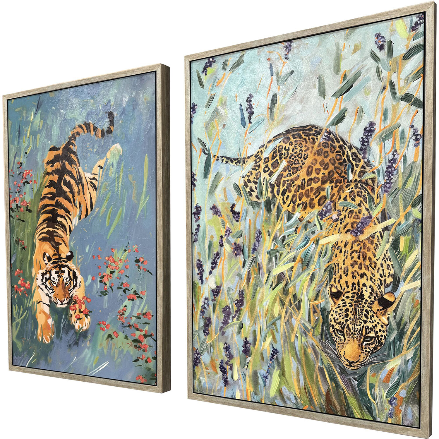 Tiger/Leopard Orange and Blue and Green and Multi Framed Art