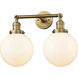 Franklin Restoration Large Beacon 2 Light 8 inch Brushed Brass Bath Vanity Light Wall Light in Matte White Glass, Franklin Restoration