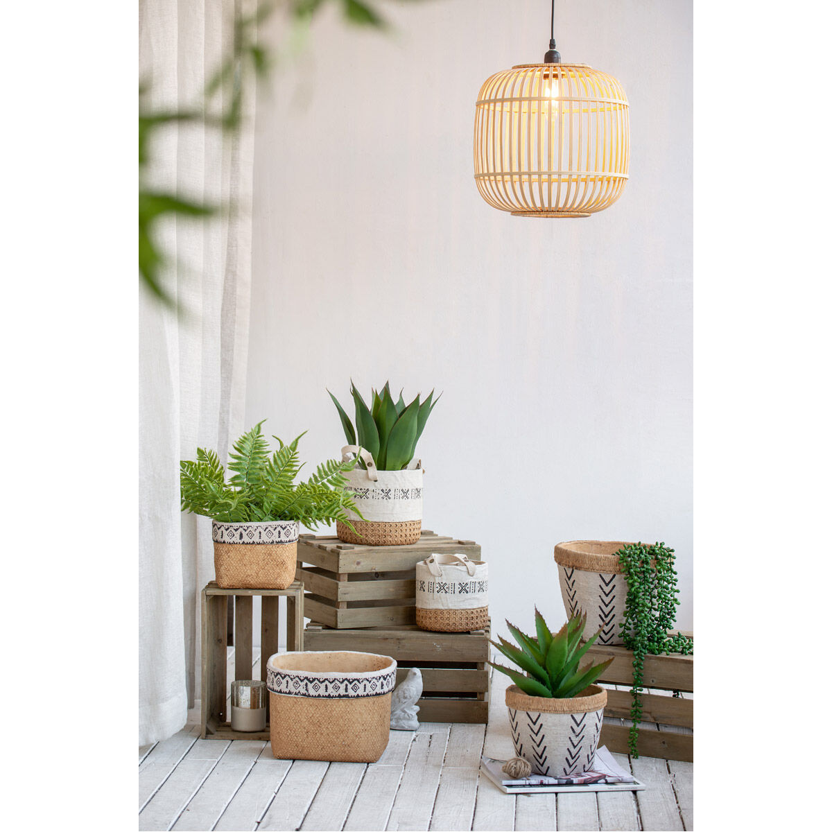 Round Natural and Black Outdoor Planter