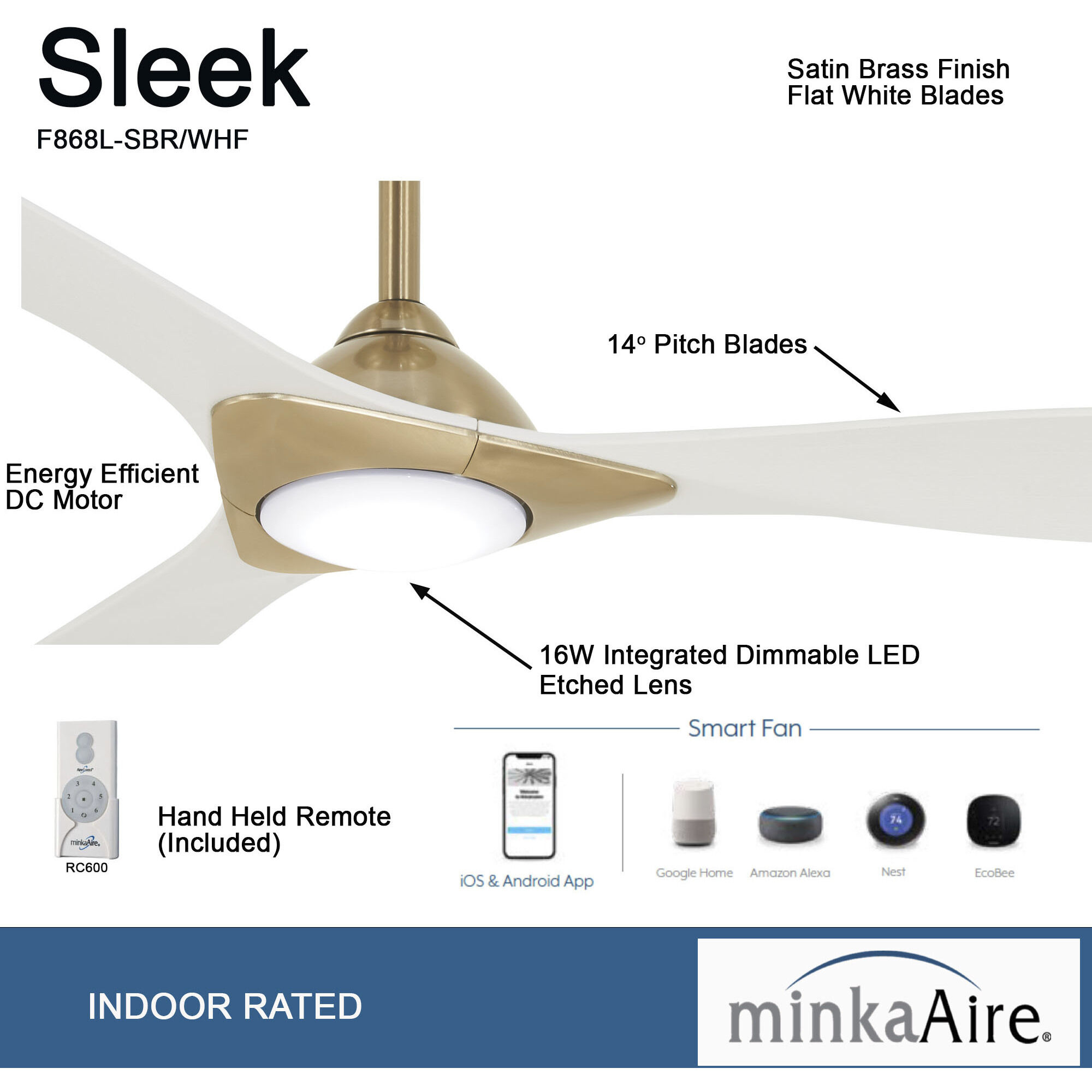 Sleek 60 inch Soft Brass/Flat White with Flat White Blades Ceiling Fan
