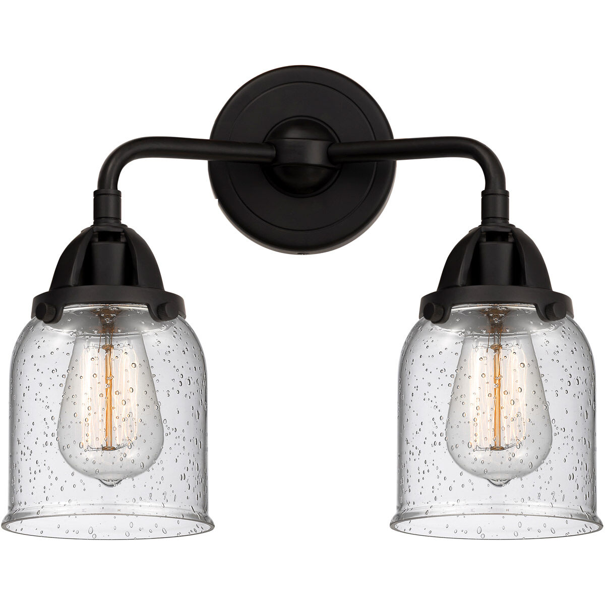 Nouveau 2 Small Bell 2 Light 13 inch Matte Black Bath Vanity Light Wall Light in Seedy Glass