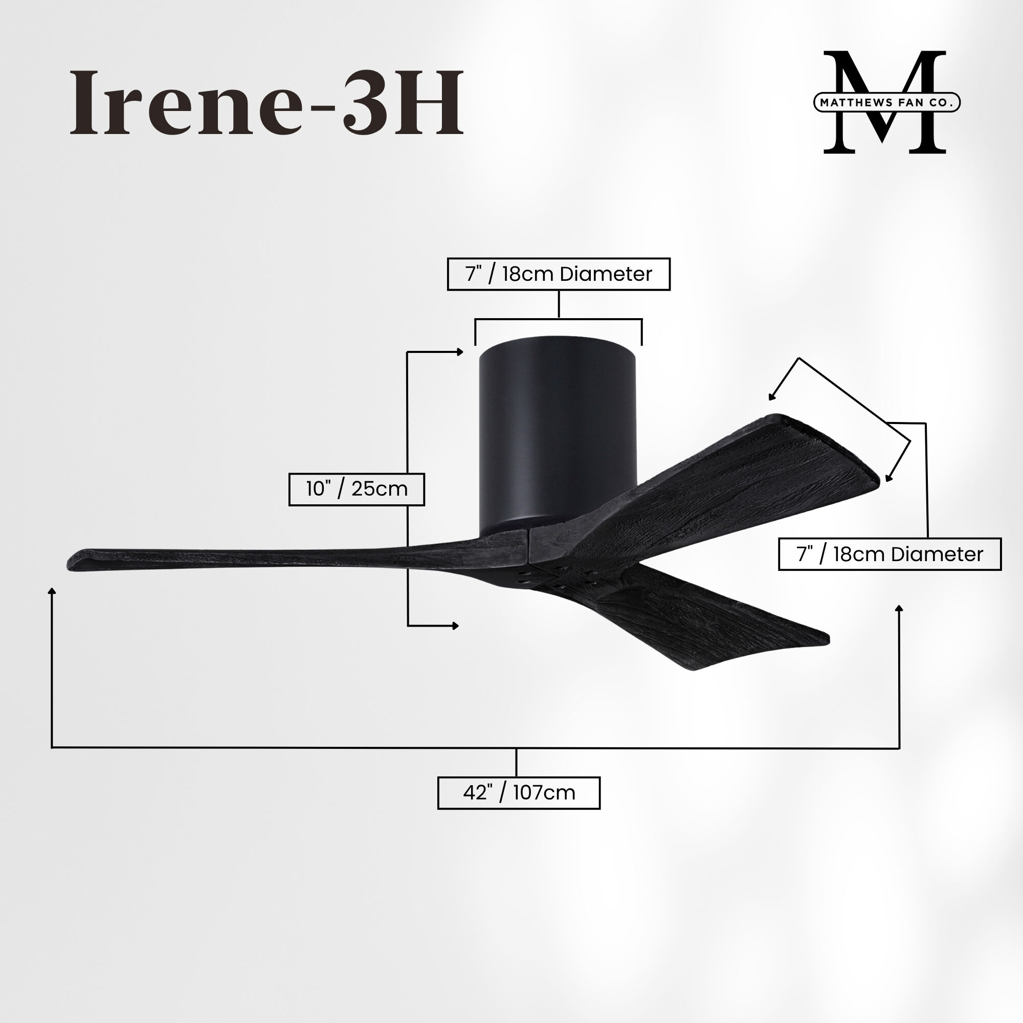 Atlas Irene-3H 42 inch Matte Black Flush Mount Paddle Fan, Flush Mounted
