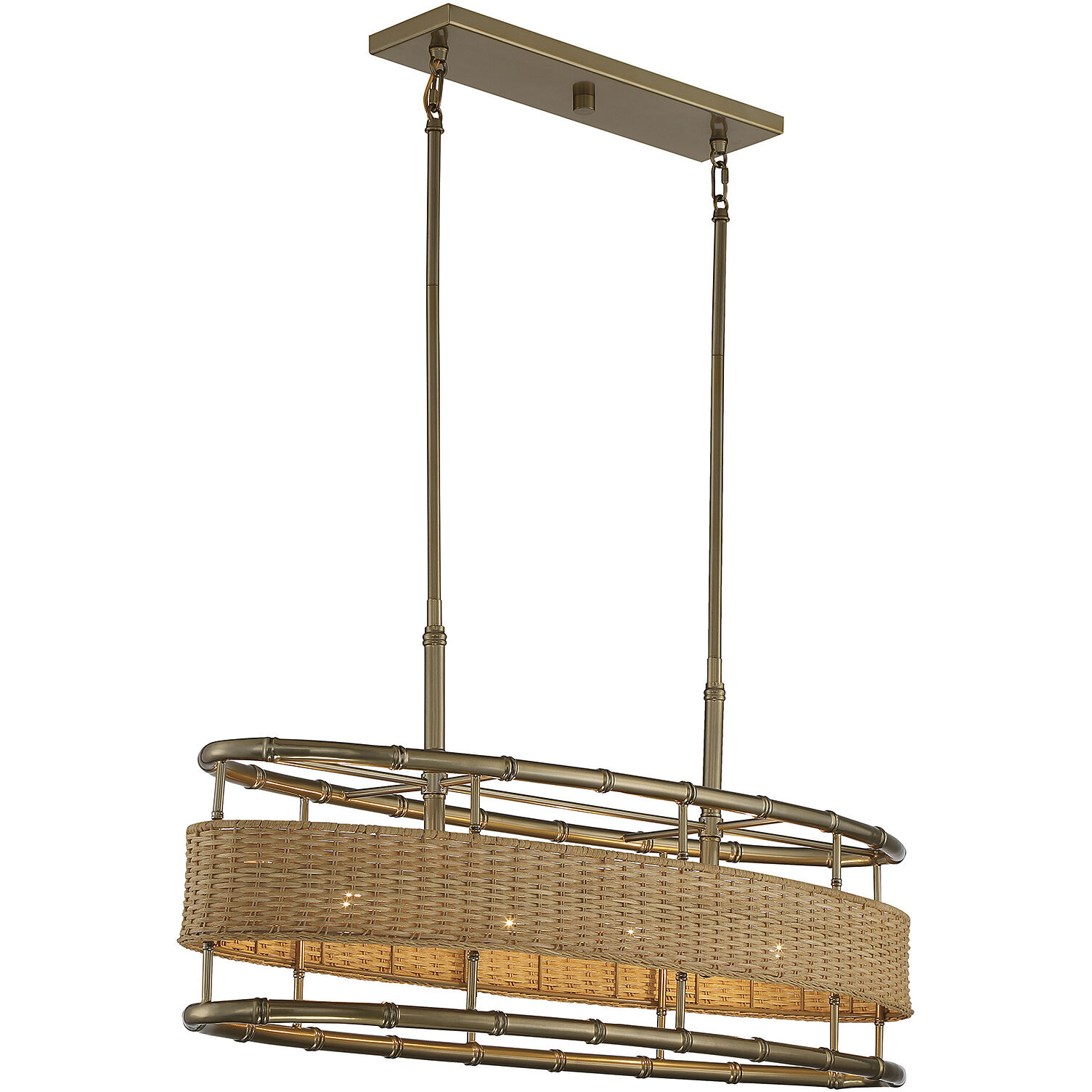 Arcadia 4 Light 36 inch Burnished Brass with Natural Rattan Linear Chandelier Ceiling Light