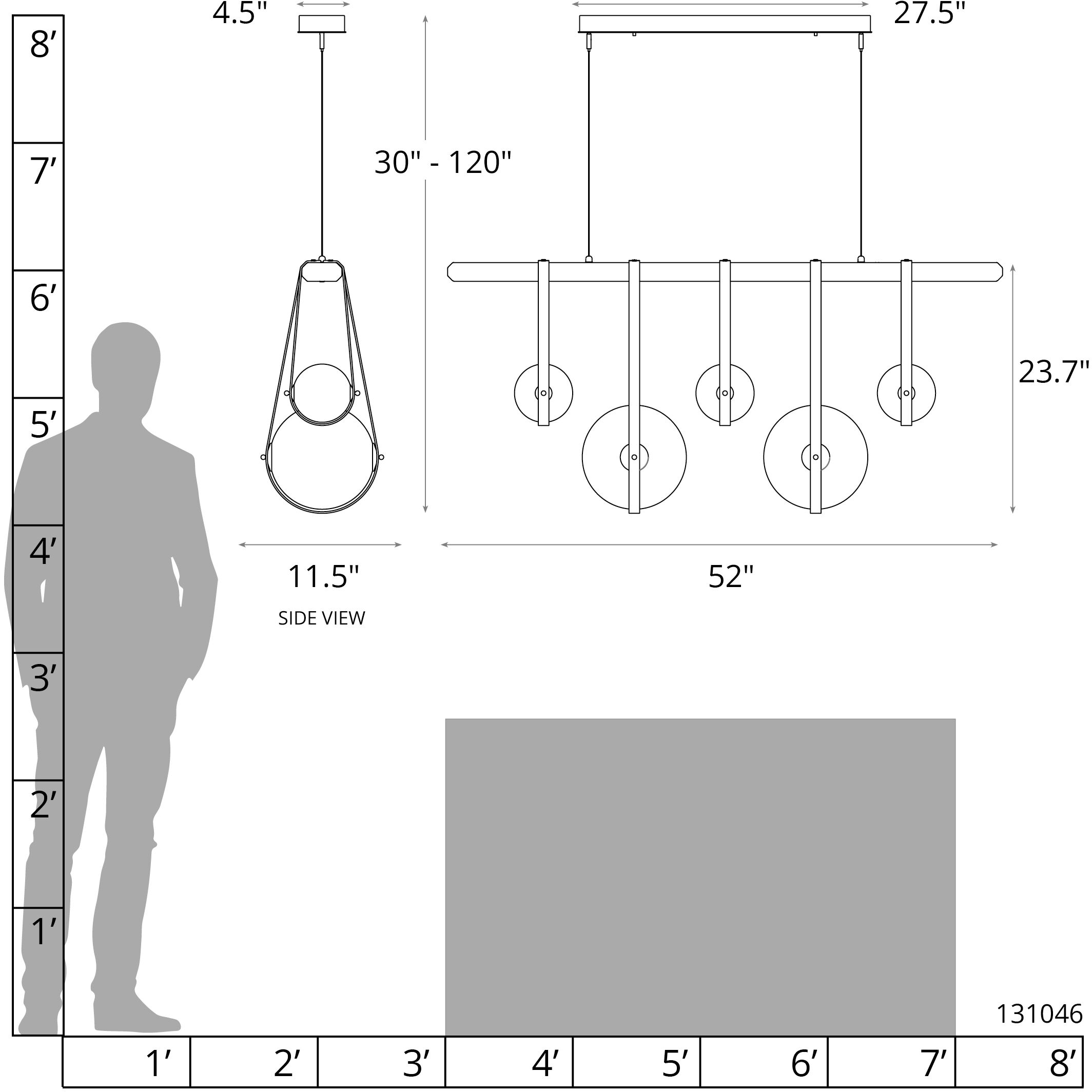 Derby LED 52 inch Black and Antique Brass Linear Pendant Ceiling Light in Black/Antique Brass, Black Leather with Maple Natural