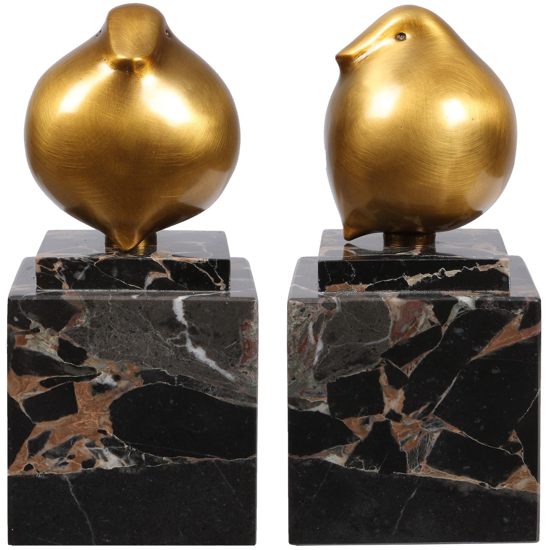 Golden Finch Brass and Black Marble Bird Figurines, Set of 2