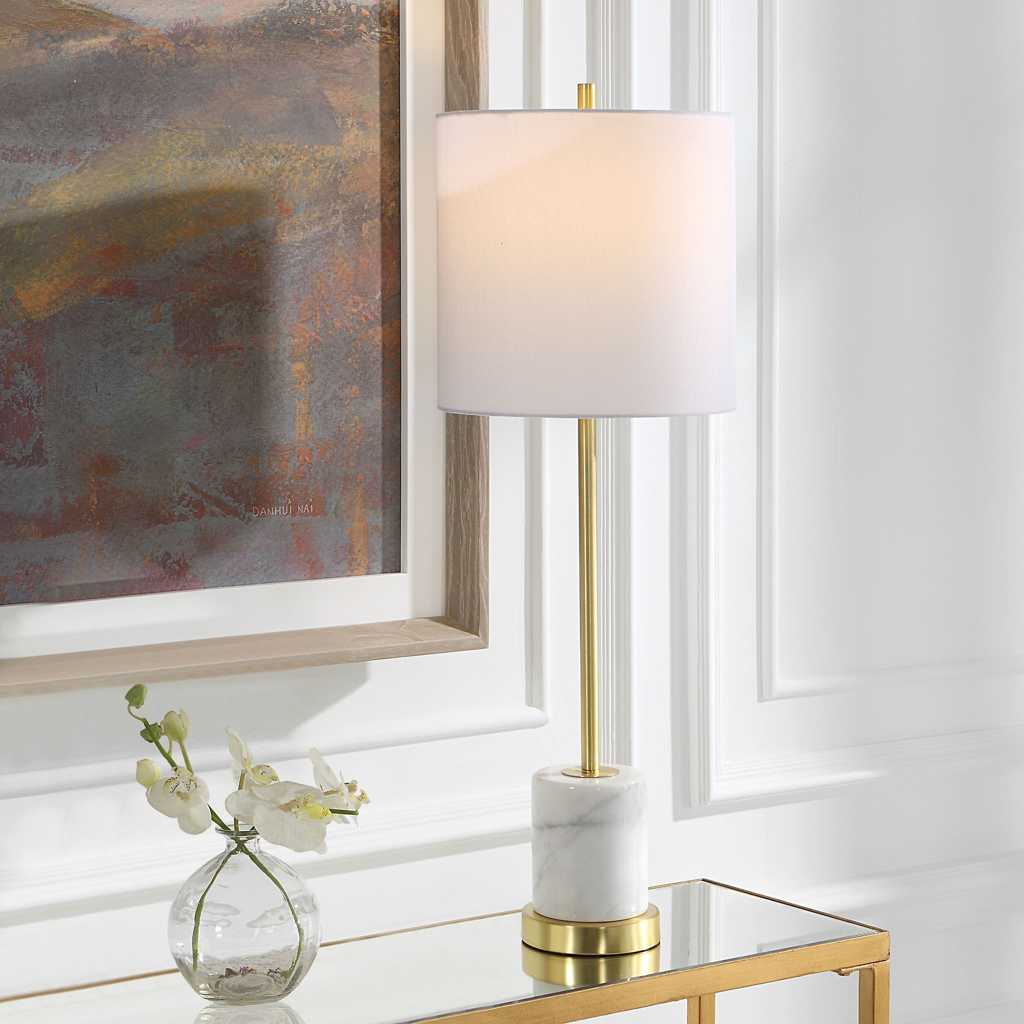 Uttermost 30166 1 Turret 30 inch 150.00 watt Brushed Gold and White Marble Buffet Lamp Portable Light