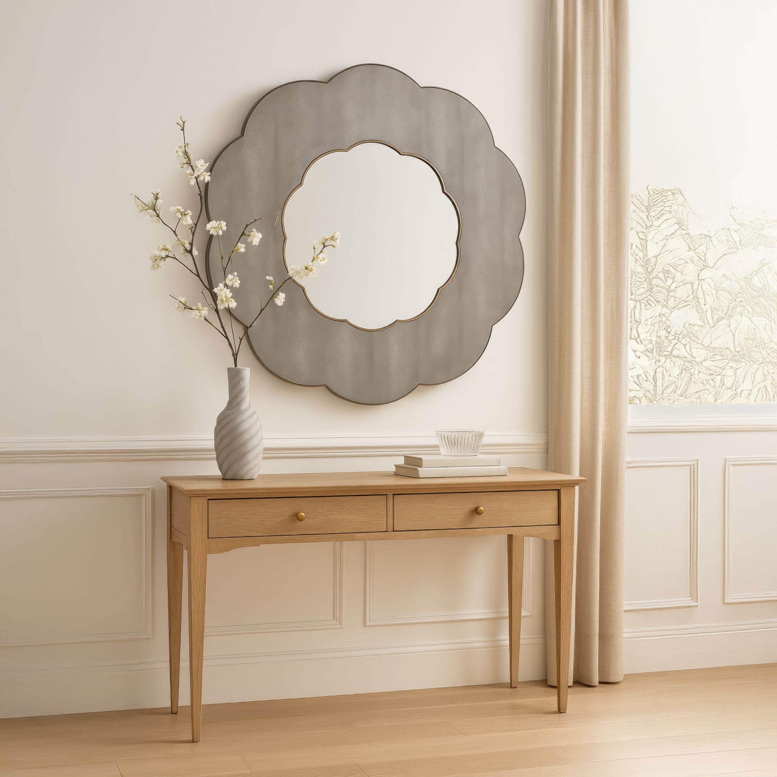 Scallop 54 X 54 inch Gray Shagreen with Weathered Brass Wall Mirror, Varaluz Casa