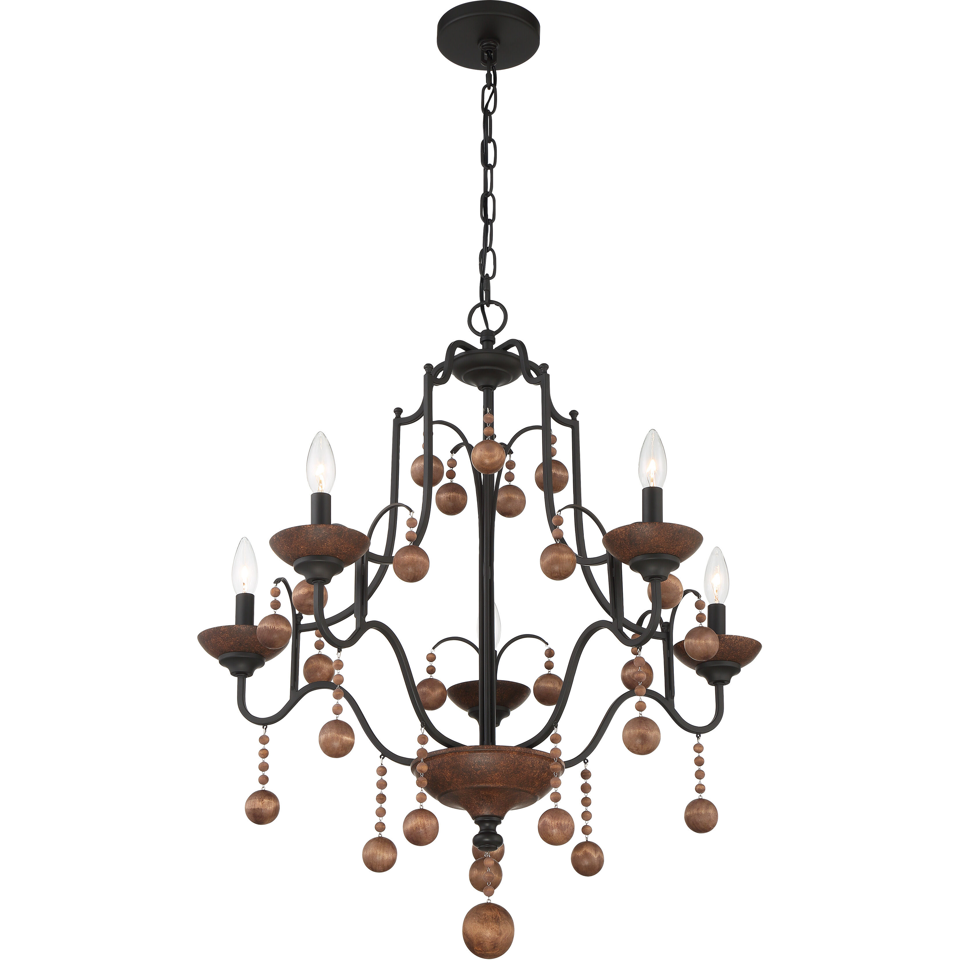 Colonial Charm 5 Light 28 inch Old World Bronze/Walnut Accents Chandelier Ceiling Light