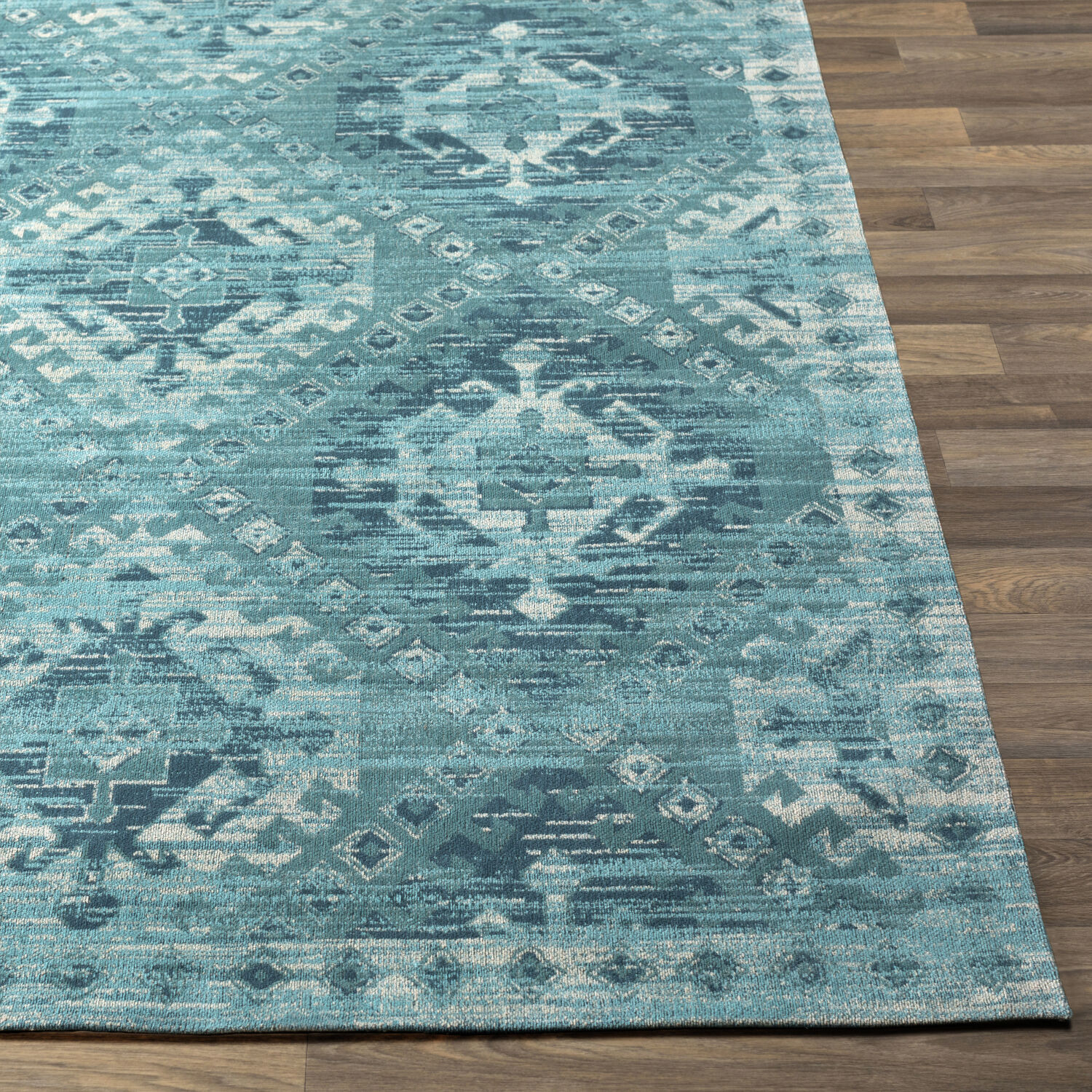 Amsterdam 36 X 24 inch Aqua/Teal/Ivory Rugs, Cotton