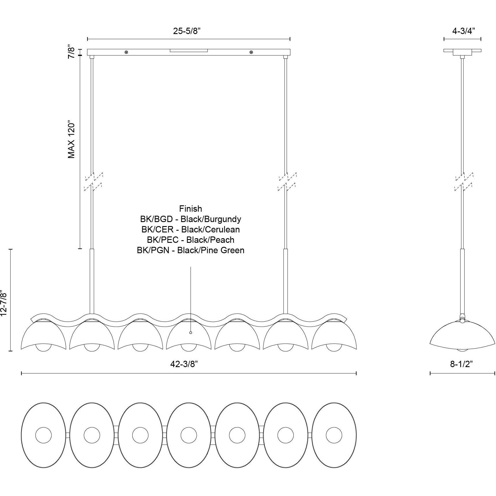 Atlas 7 Light 42.38 inch Black Linear Pendant Ceiling Light in Black and Pine Green