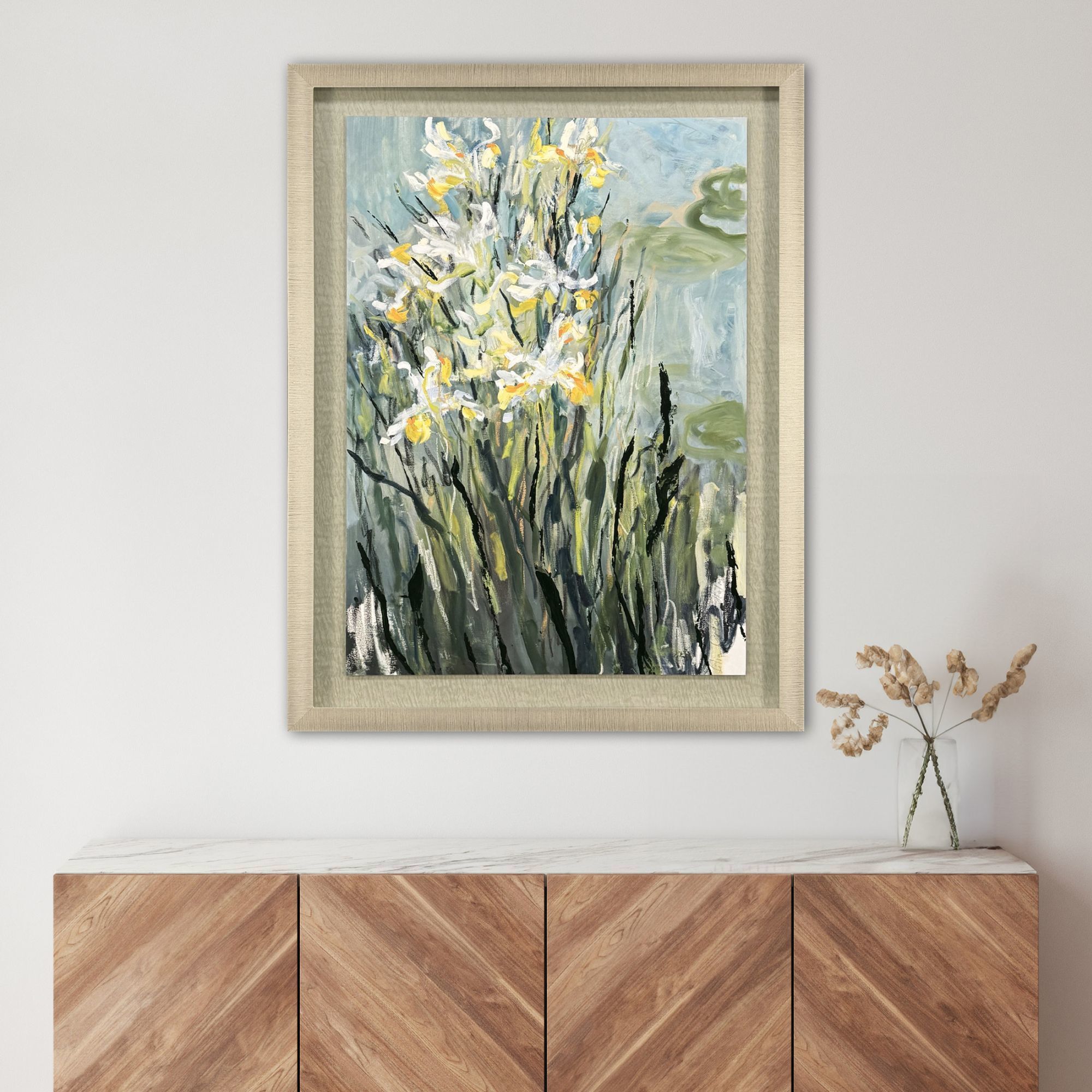 White Irises White and Blue and Yellow and Green Framed Art