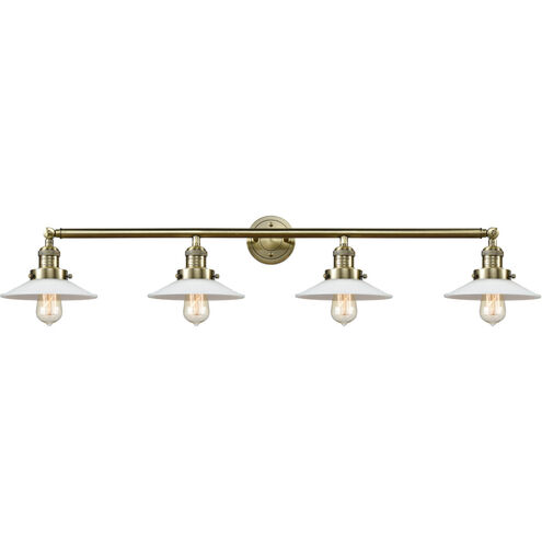 Franklin Restoration Halophane 4 Light 45 inch Antique Brass Bath Vanity Light Wall Light in Incandescent, Matte White Halophane Glass, Franklin Restoration